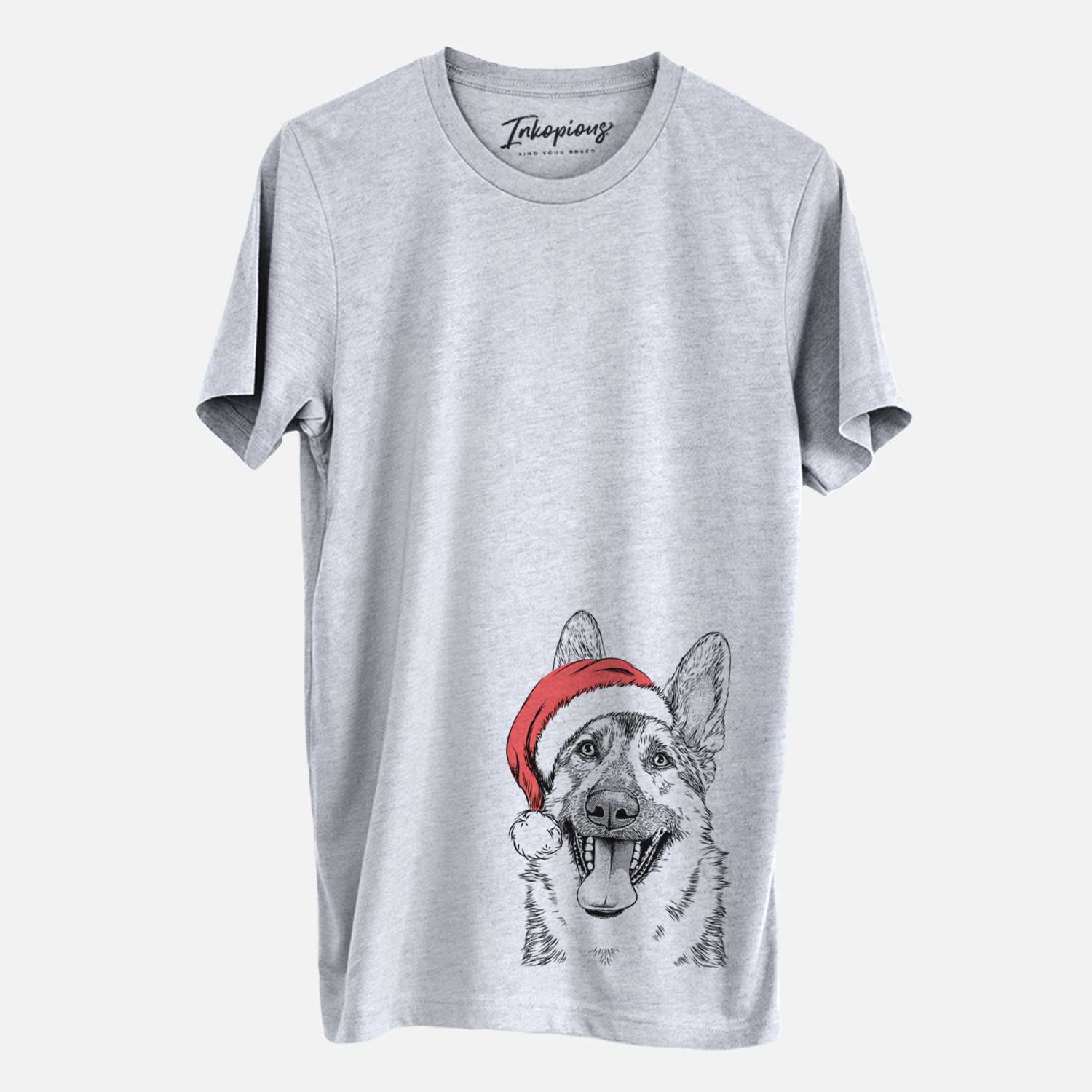 Hand-drawn sketch of Benson the German Shepherd wearing a Santa hat on a Grey Unisex crewneck
