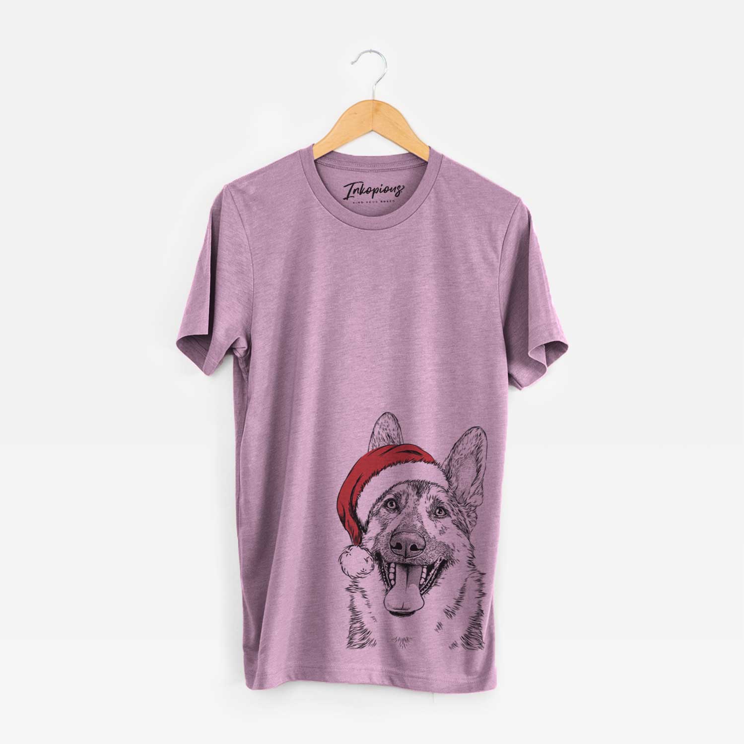 Hand-drawn sketch of Benson the German Shepherd wearing a Santa hat on an Orchid Unisex crewneck