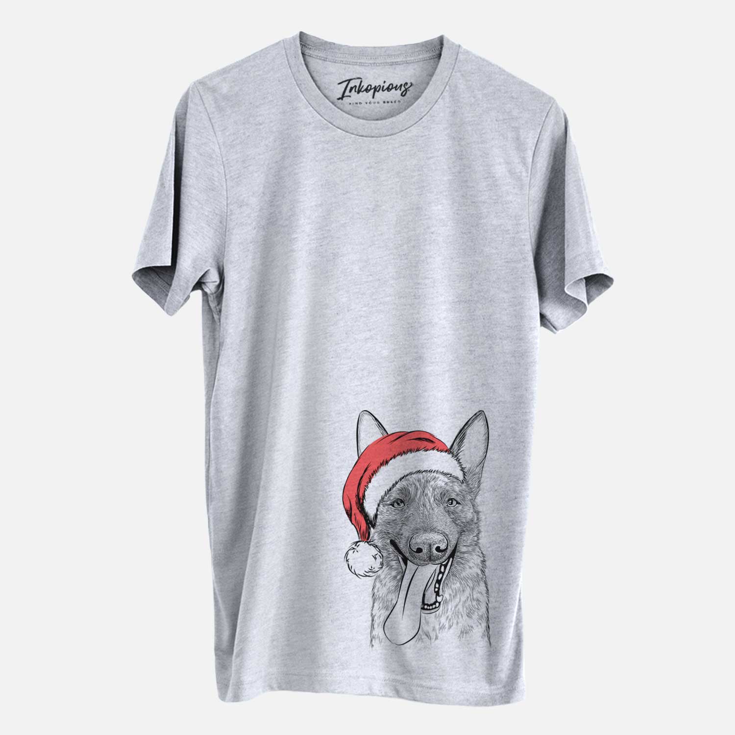 Hand-drawn sketch of Bessa the Dutch Shepherd wearing a Santa hat on a Grey Unisex crewneck