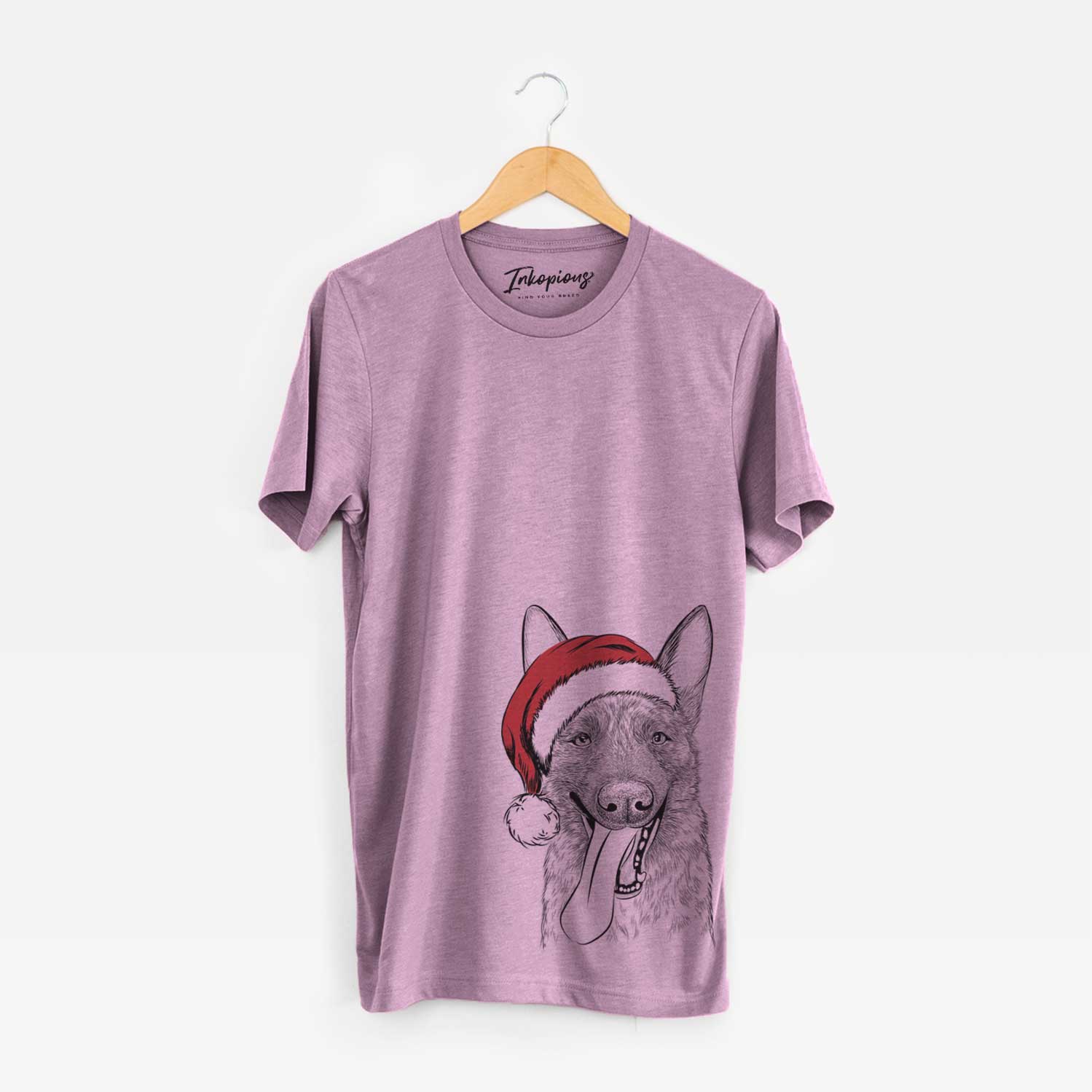 Hand-drawn sketch of Bessa the Dutch Shepherd wearing a Santa hat on an Orchid Unisex crewneck