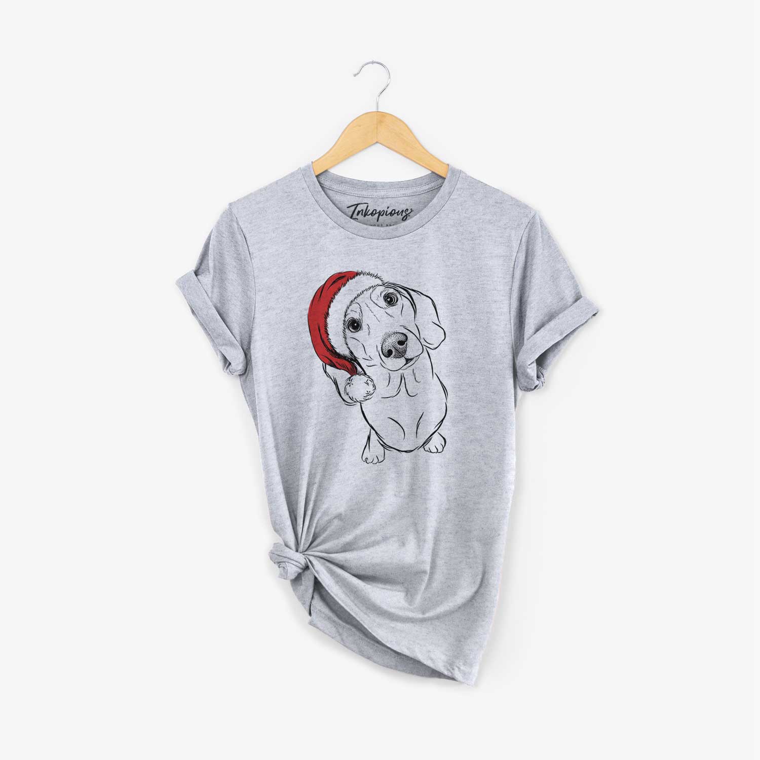 Hand-drawn sketch of Bill the Dachshund wearing a Santa hat on a Grey Unisex crewneck