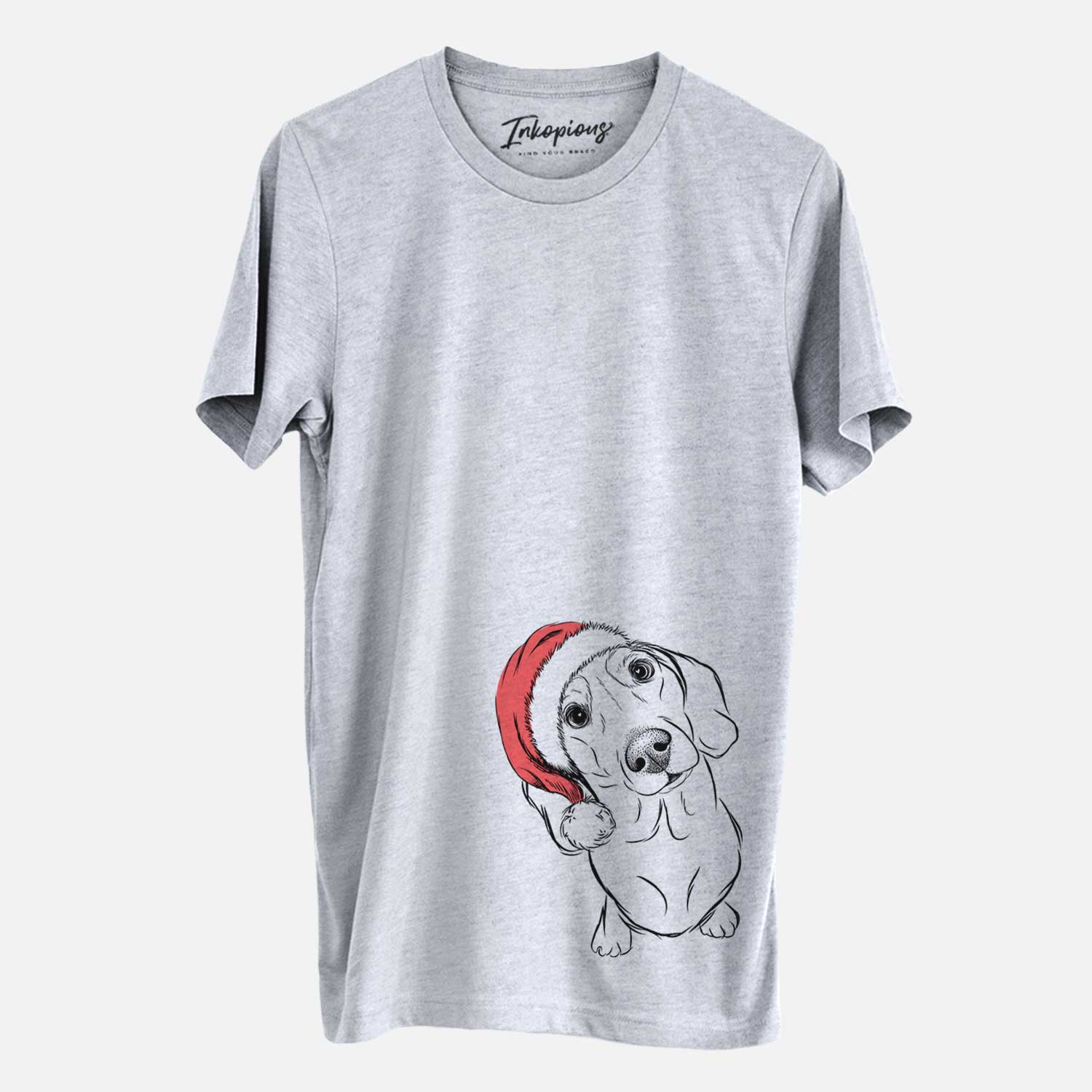 Hand-drawn sketch of Bill the Dachshund wearing a Santa hat on a Grey Unisex crewneck
