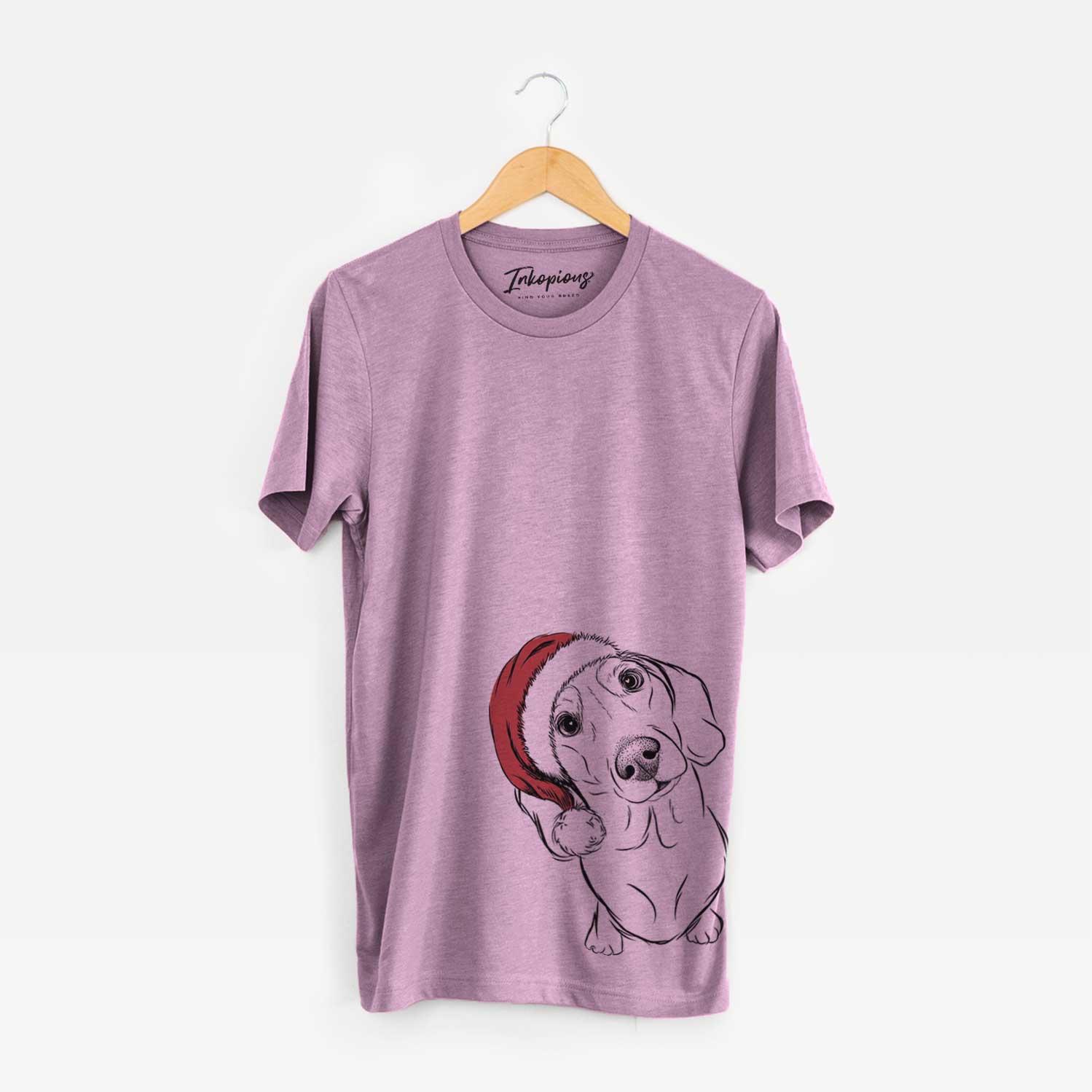 Hand-drawn sketch of Bill the Dachshund wearing a Santa hat on an Orchid Unisex crewneck