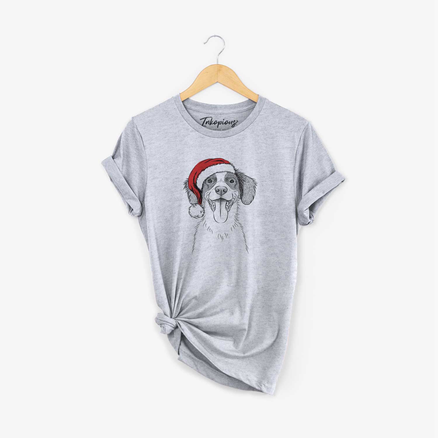 Hand-drawn sketch of Birdie the Brittany wearing a Santa hat on a Grey Unisex crewneck