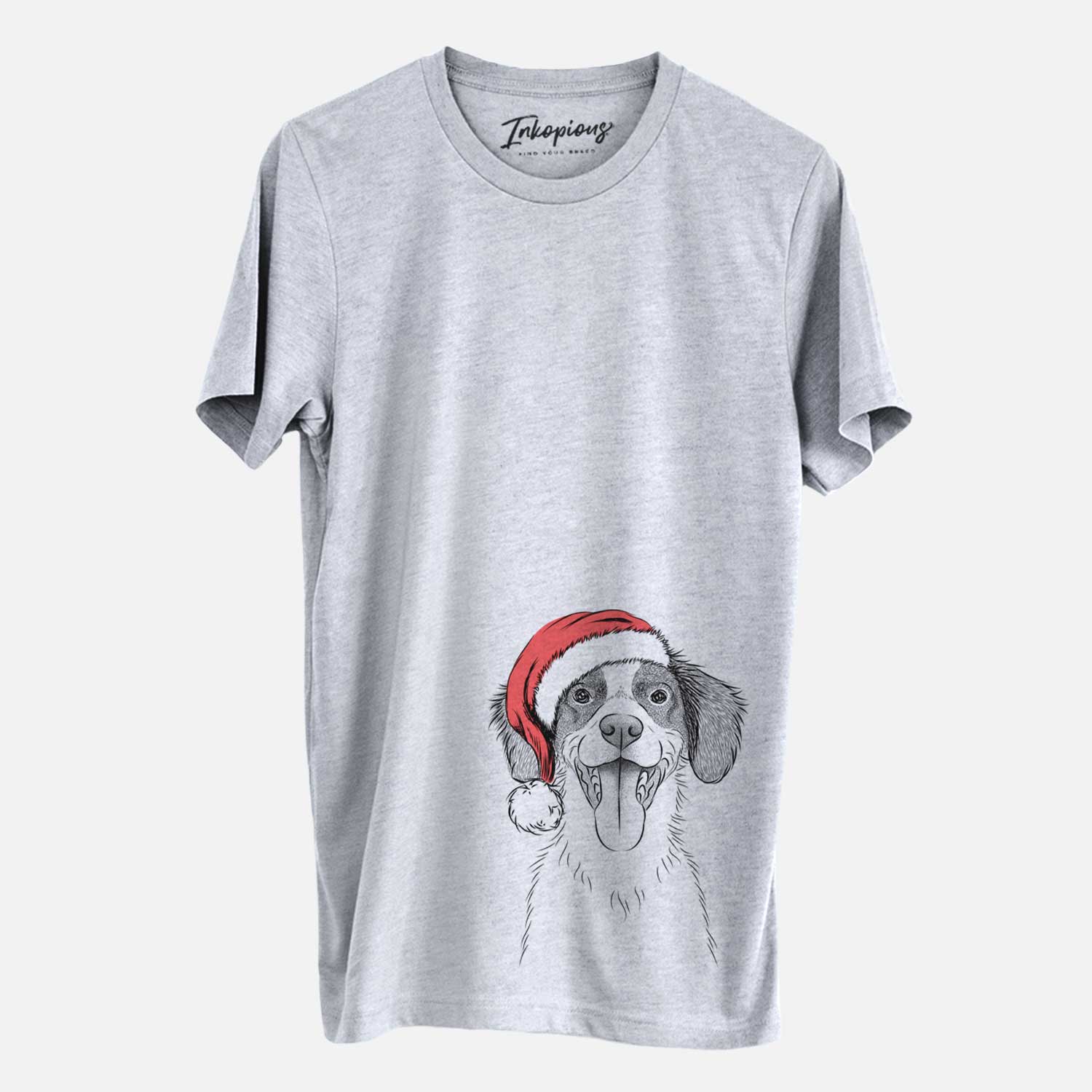 Hand-drawn sketch of Birdie the Brittany wearing a Santa hat on a Grey Unisex crewneck