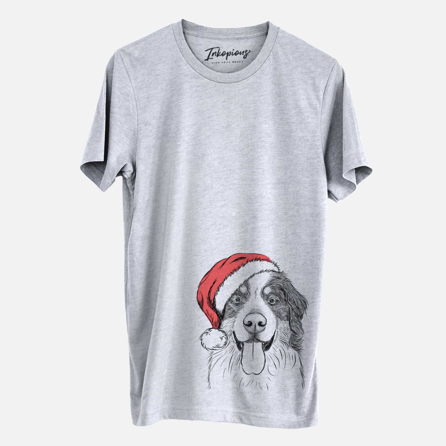 Hand-drawn sketch of Blaze the Bernese Mountain Dog wearing a Santa hat on a Grey Unisex crewneck