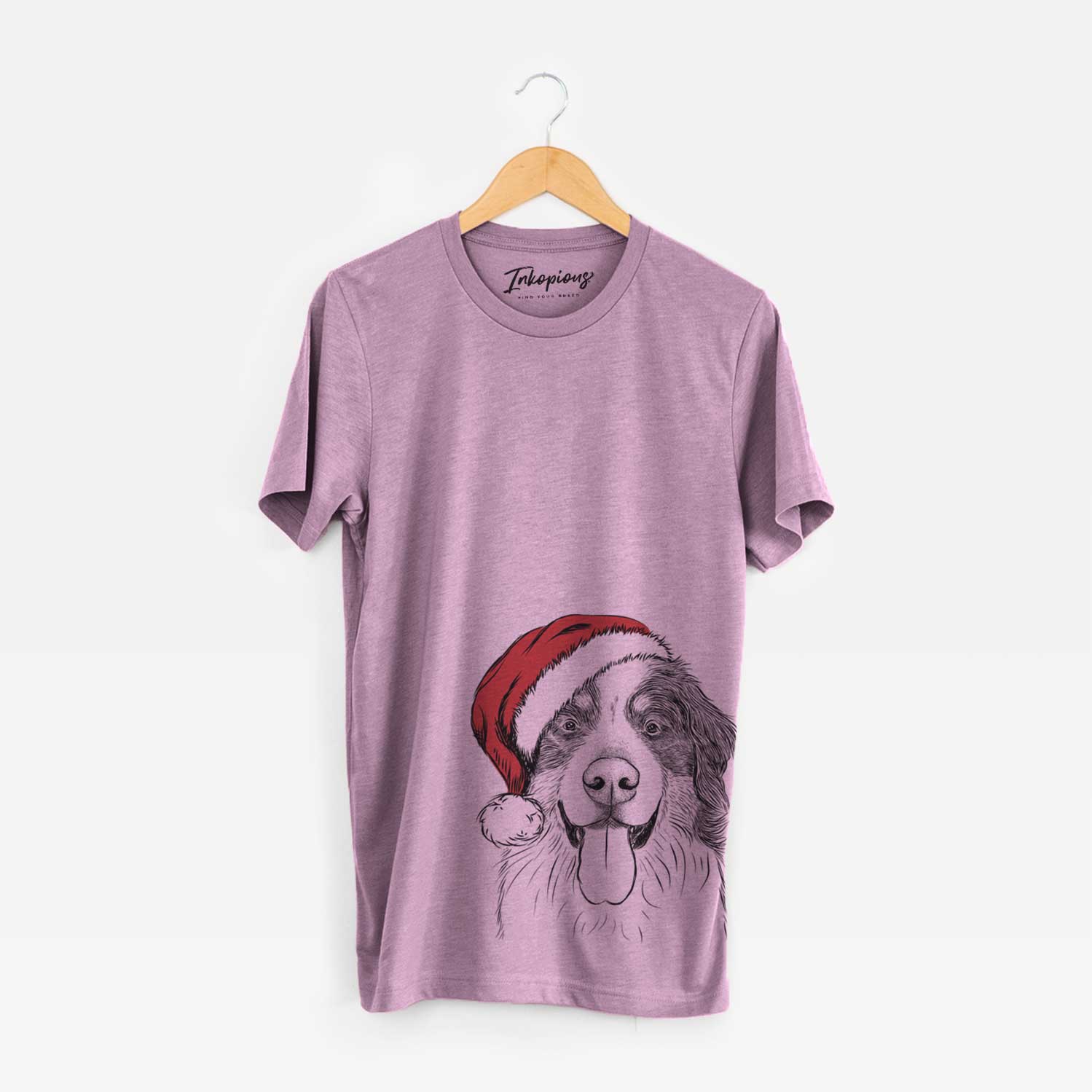 Hand-drawn sketch of Blaze the Bernese Mountain Dog wearing a Santa hat on an Orchid Unisex crewneck