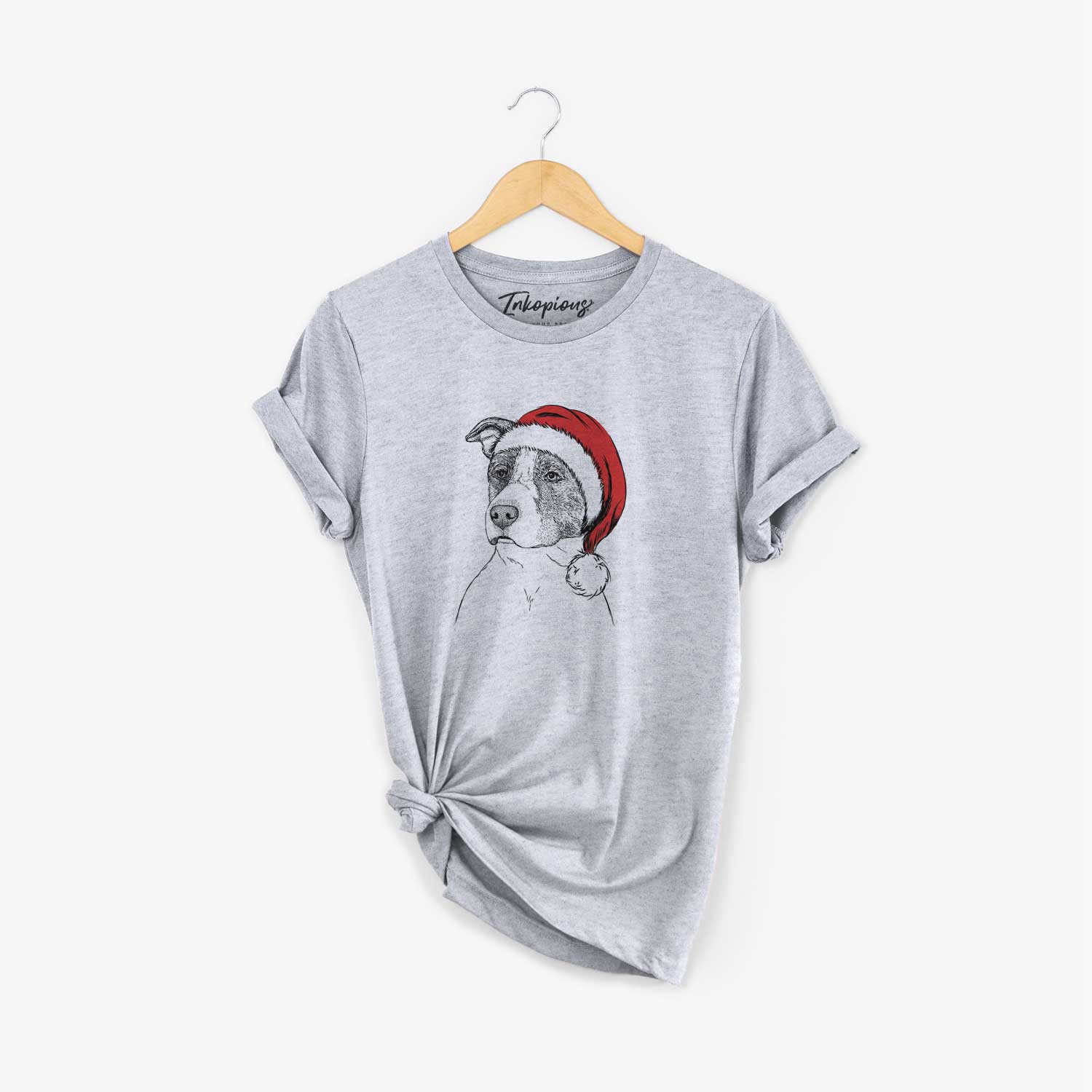 Hand-drawn sketch of Blu the Pitbull wearing a Santa hat on a Grey Unisex crewneck