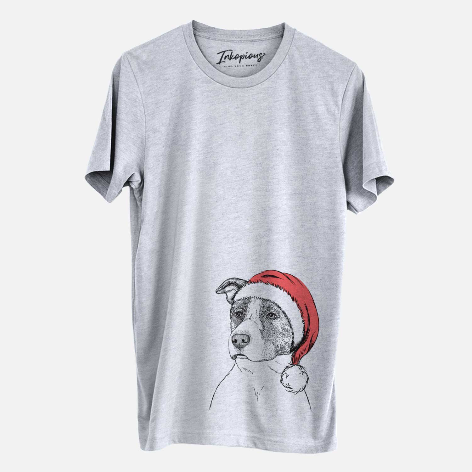 Hand-drawn sketch of Blu the Pitbull wearing a Santa hat on a Grey Unisex crewneck