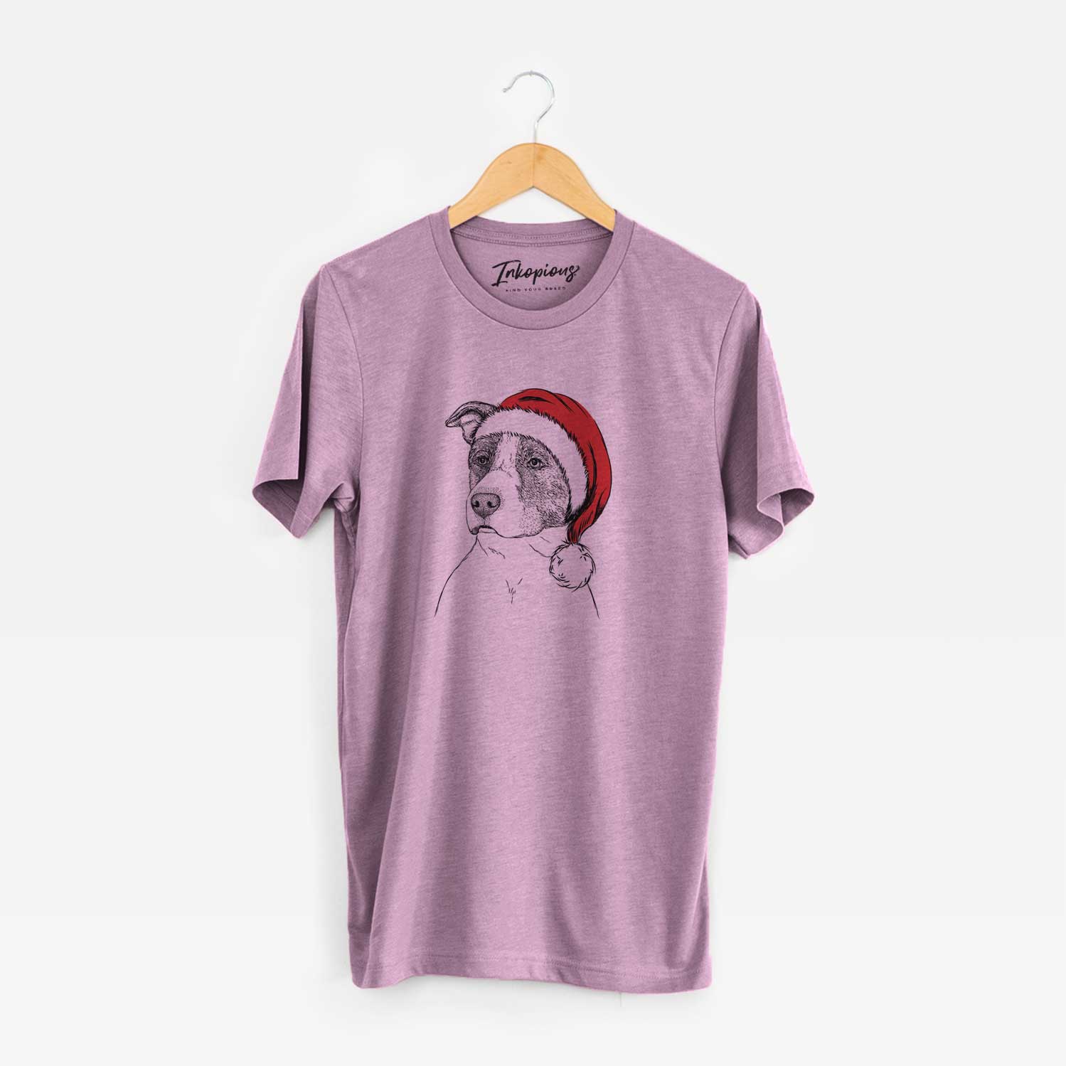 Hand-drawn sketch of Blu the Pitbull wearing a Santa hat on an Orchid Unisex crewneck
