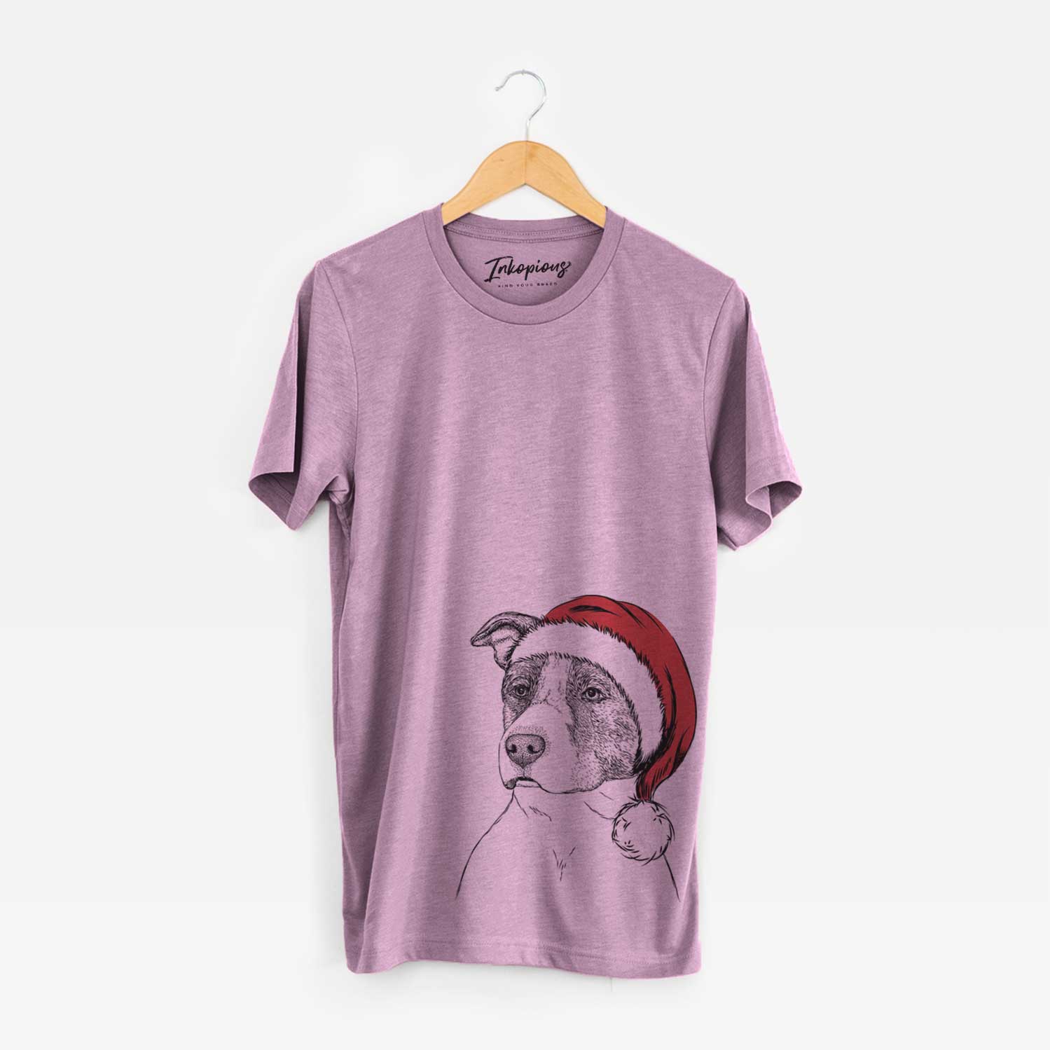 Hand-drawn sketch of Blu the Pitbull wearing a Santa hat on an Orchid Unisex crewneck