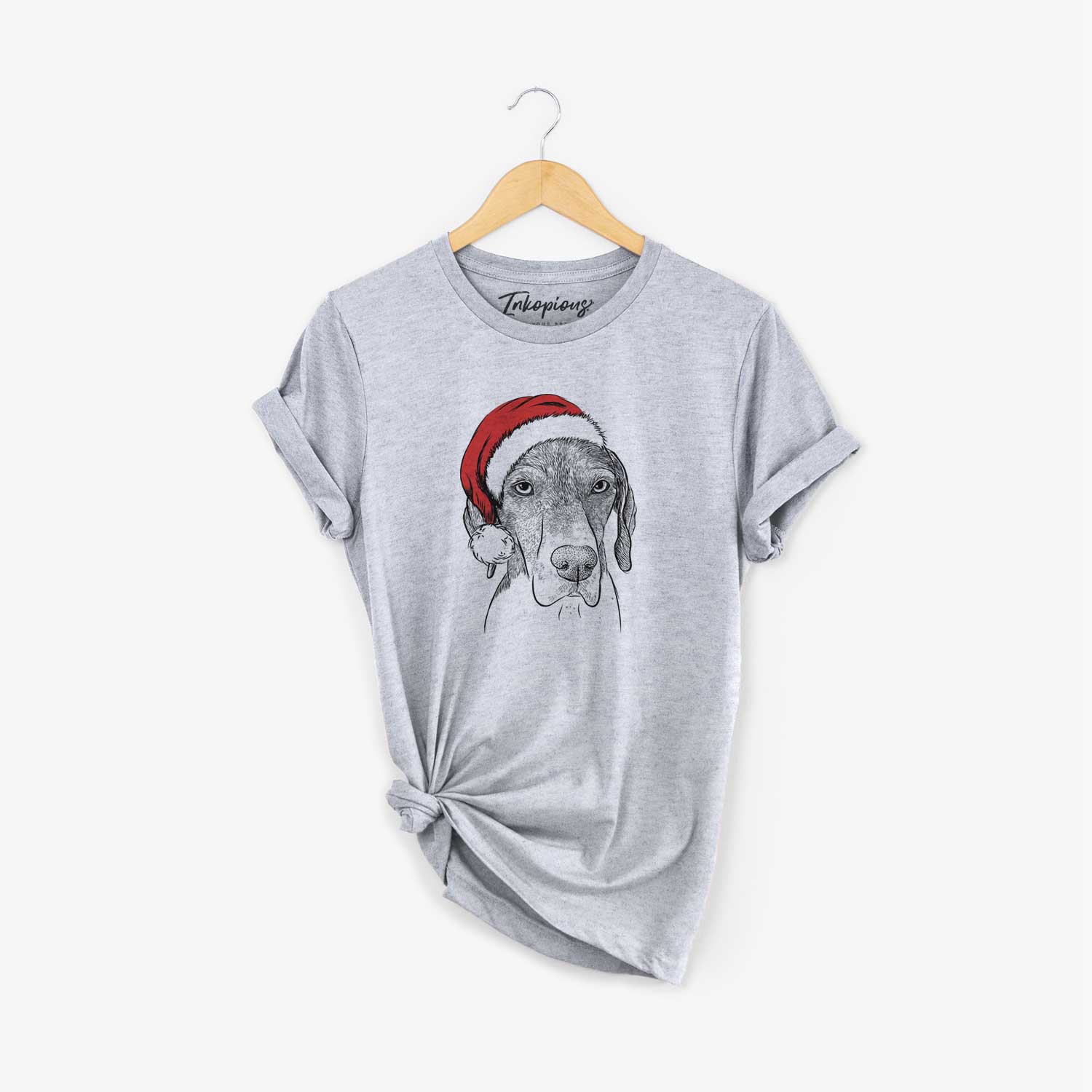 Hand-drawn sketch of Bohdi the German Shorthaired Pointer wearing a Santa hat on a Grey Unisex crewneck