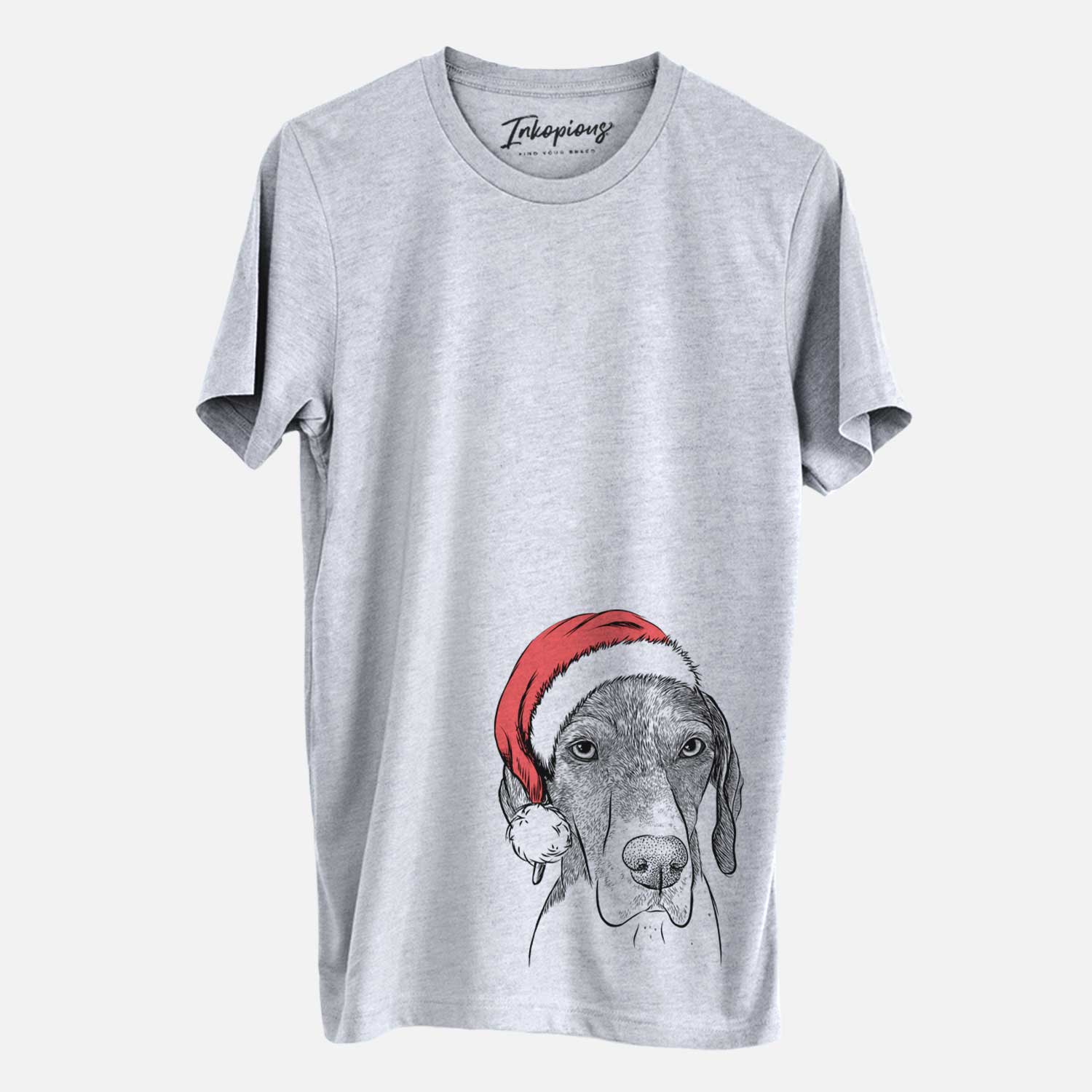 Hand-drawn sketch of Bohdi the German Shorthaired Pointer wearing a Santa hat on a Grey Unisex crewneck
