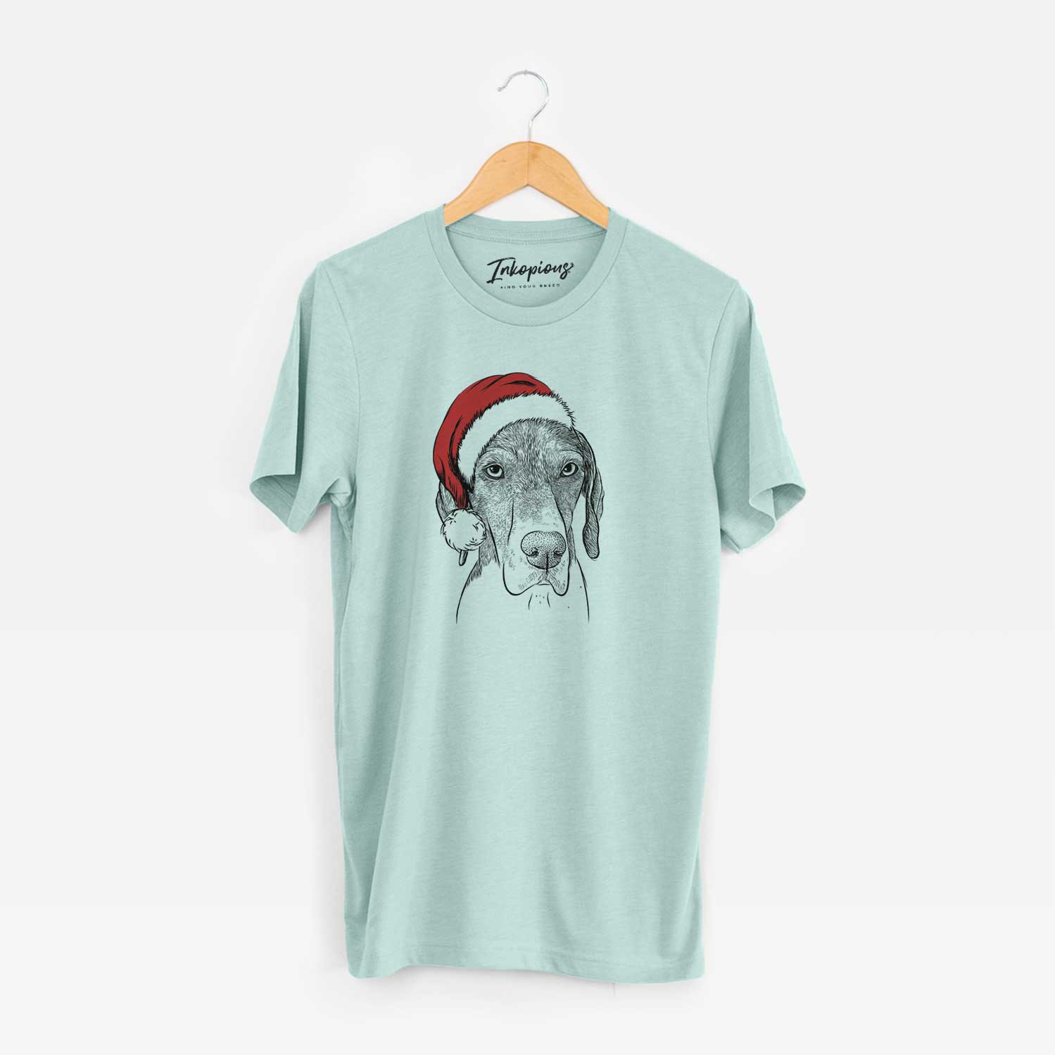 Hand-drawn sketch of Bohdi the German Shorthaired Pointer wearing a Santa hat on a Heather Sage Unisex crewneck