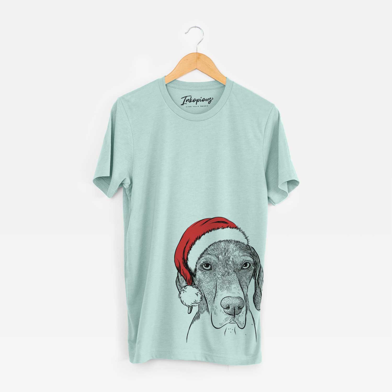 Hand-drawn sketch of Bohdi the German Shorthaired Pointer wearing a Santa hat on a Heather Sage Unisex crewneck