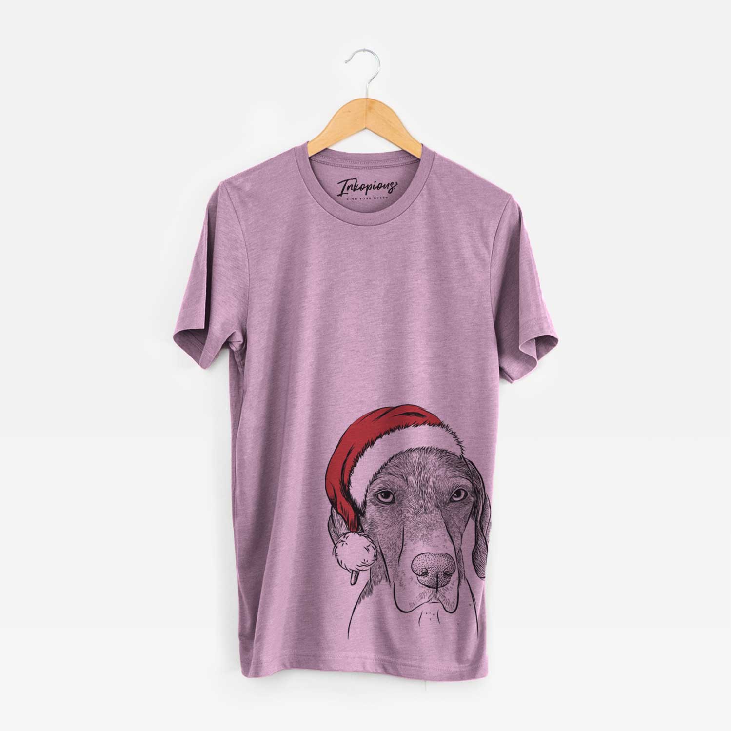 Hand-drawn sketch of Bohdi the German Shorthaired Pointer wearing a Santa hat on an Orchid Unisex crewneck