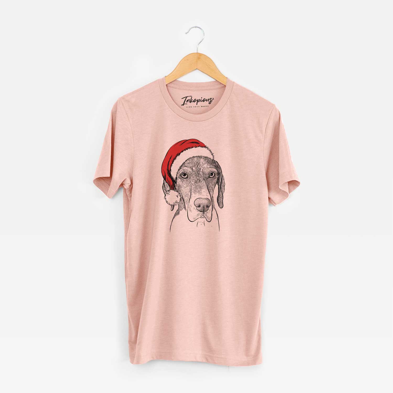 Hand-drawn sketch of Bohdi the German Shorthaired Pointer wearing a Santa hat on a Peach Unisex crewneck