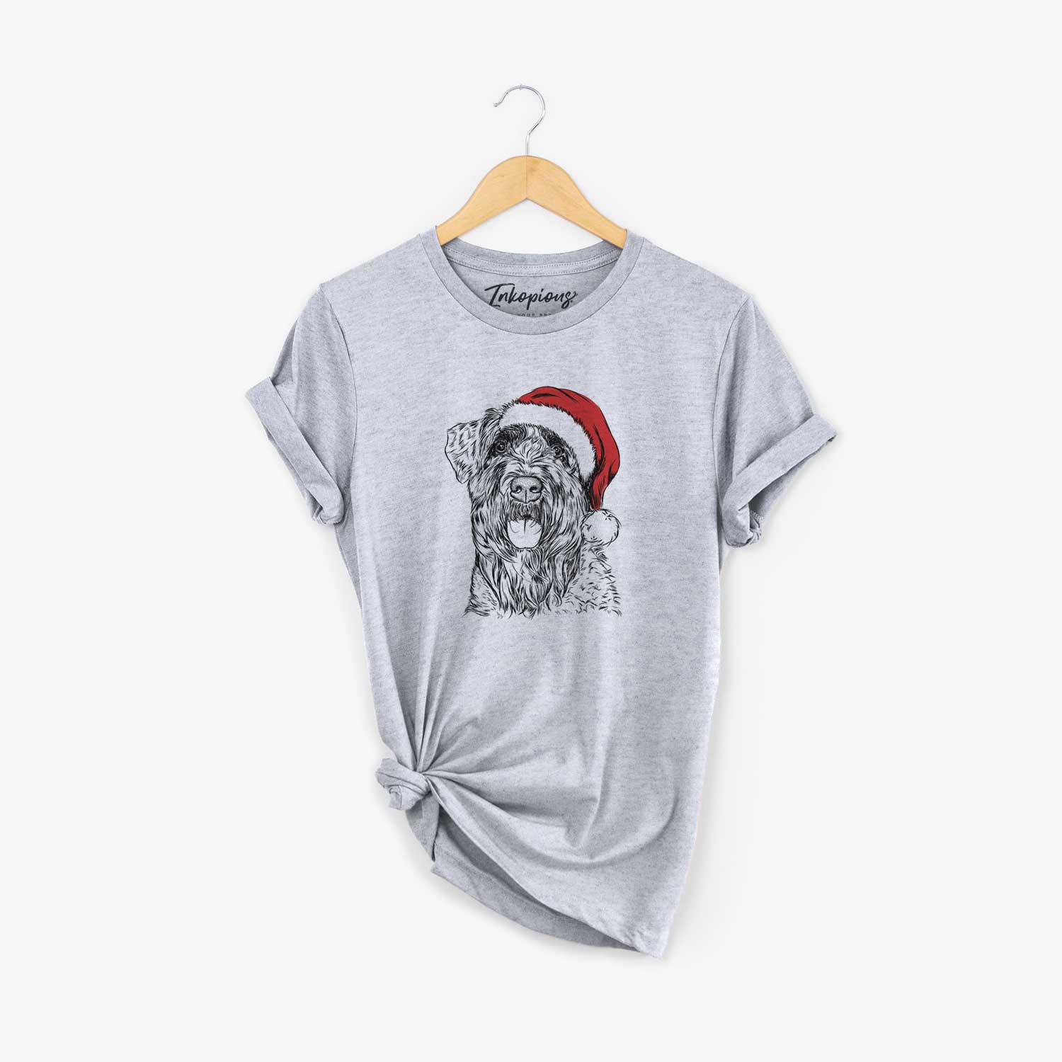Hand-drawn sketch of Bonnie the Bouvier Des Flandres wearing a Santa hat on a Grey Unisex crewneck