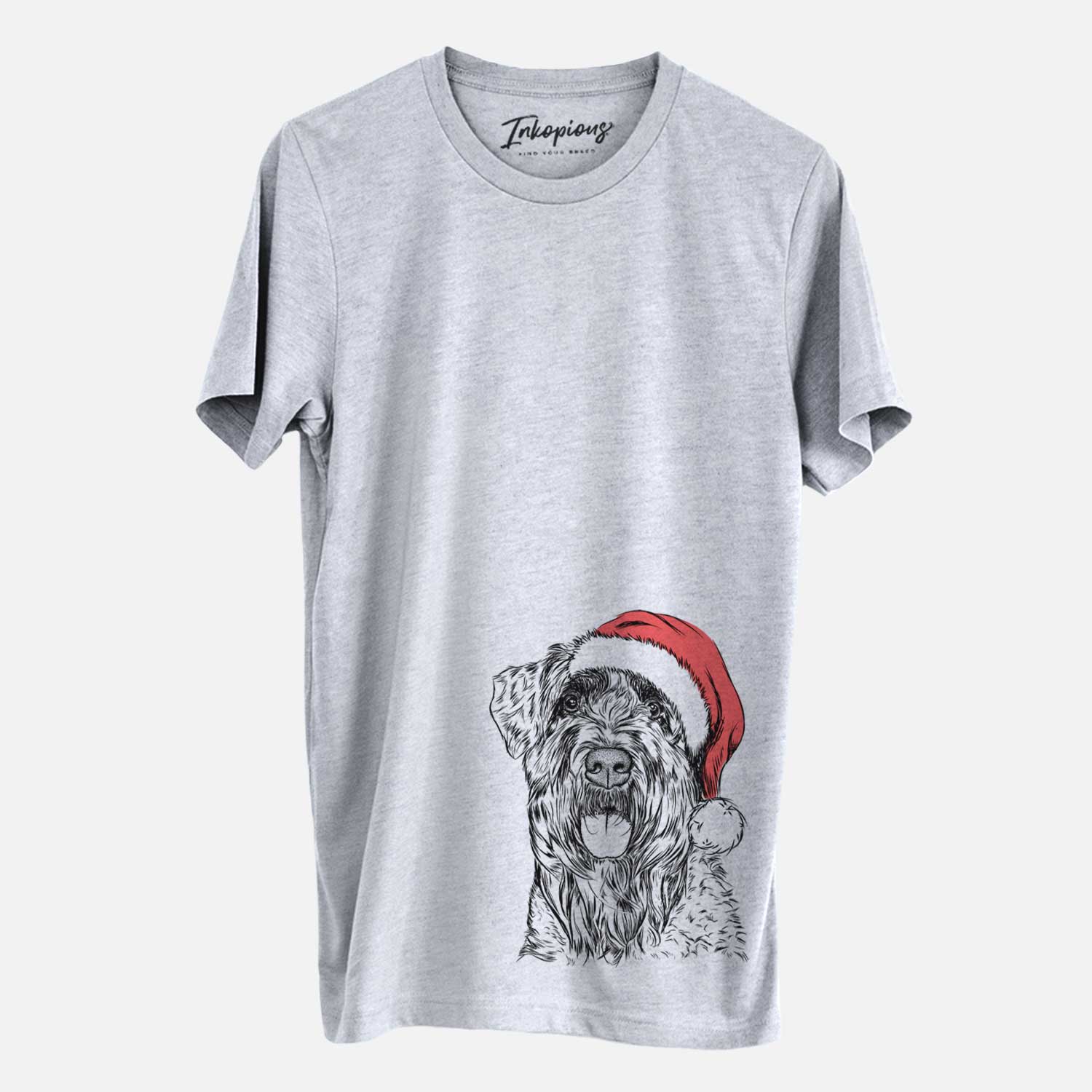 Hand-drawn sketch of Bonnie the Bouvier Des Flandres wearing a Santa hat on a Grey Unisex crewneck