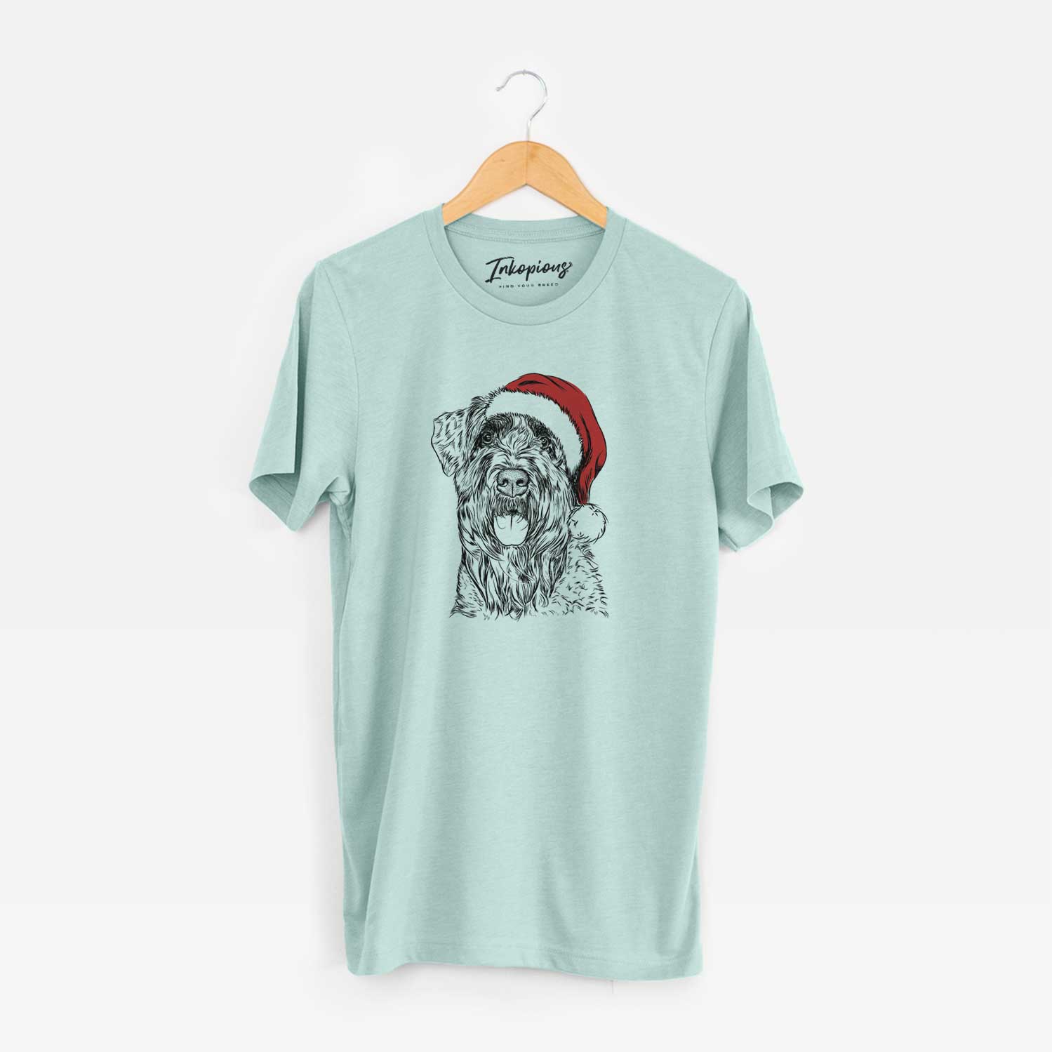 Hand-drawn sketch of Bonnie the Bouvier Des Flandres wearing a Santa hat on a Heather Sage Unisex crewneck