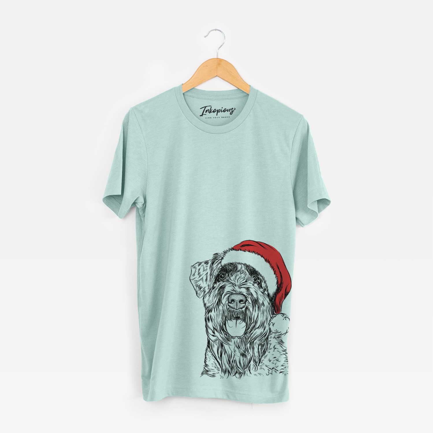 Hand-drawn sketch of Bonnie the Bouvier Des Flandres wearing a Santa hat on a Heather Sage Unisex crewneck