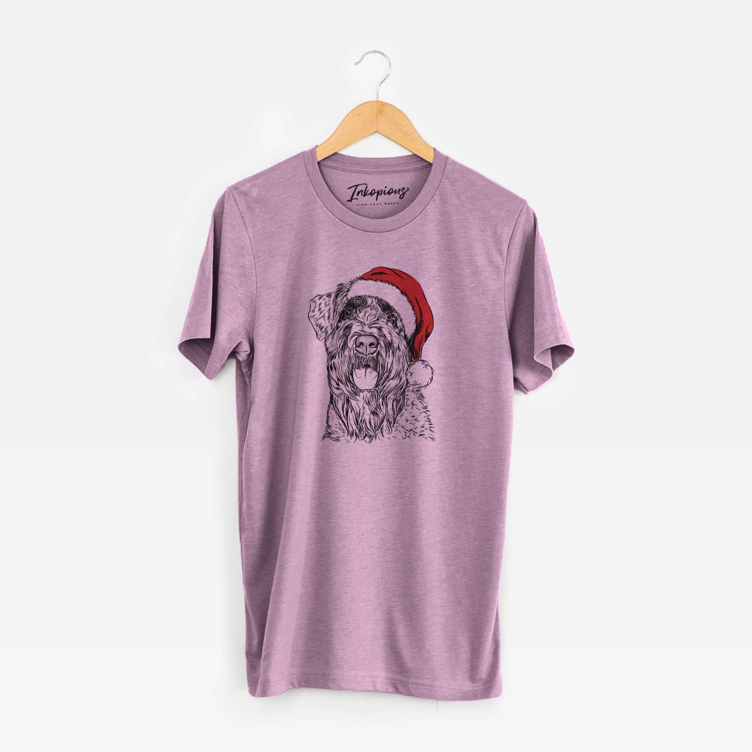 Hand-drawn sketch of Bonnie the Bouvier Des Flandres wearing a Santa hat on an Orchid Unisex crewneck