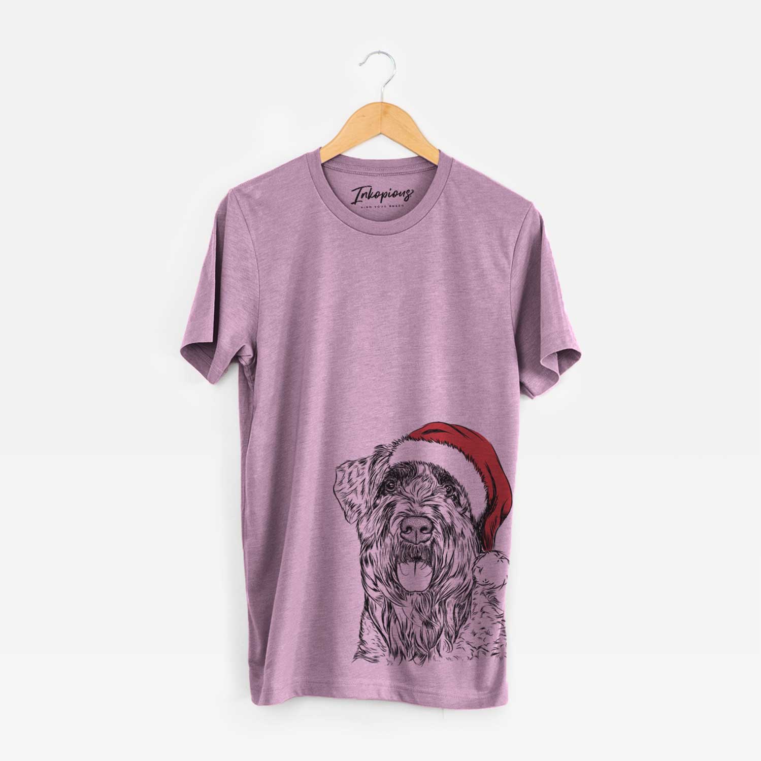 Hand-drawn sketch of Bonnie the Bouvier Des Flandres wearing a Santa hat on an Orchid Unisex crewneck
