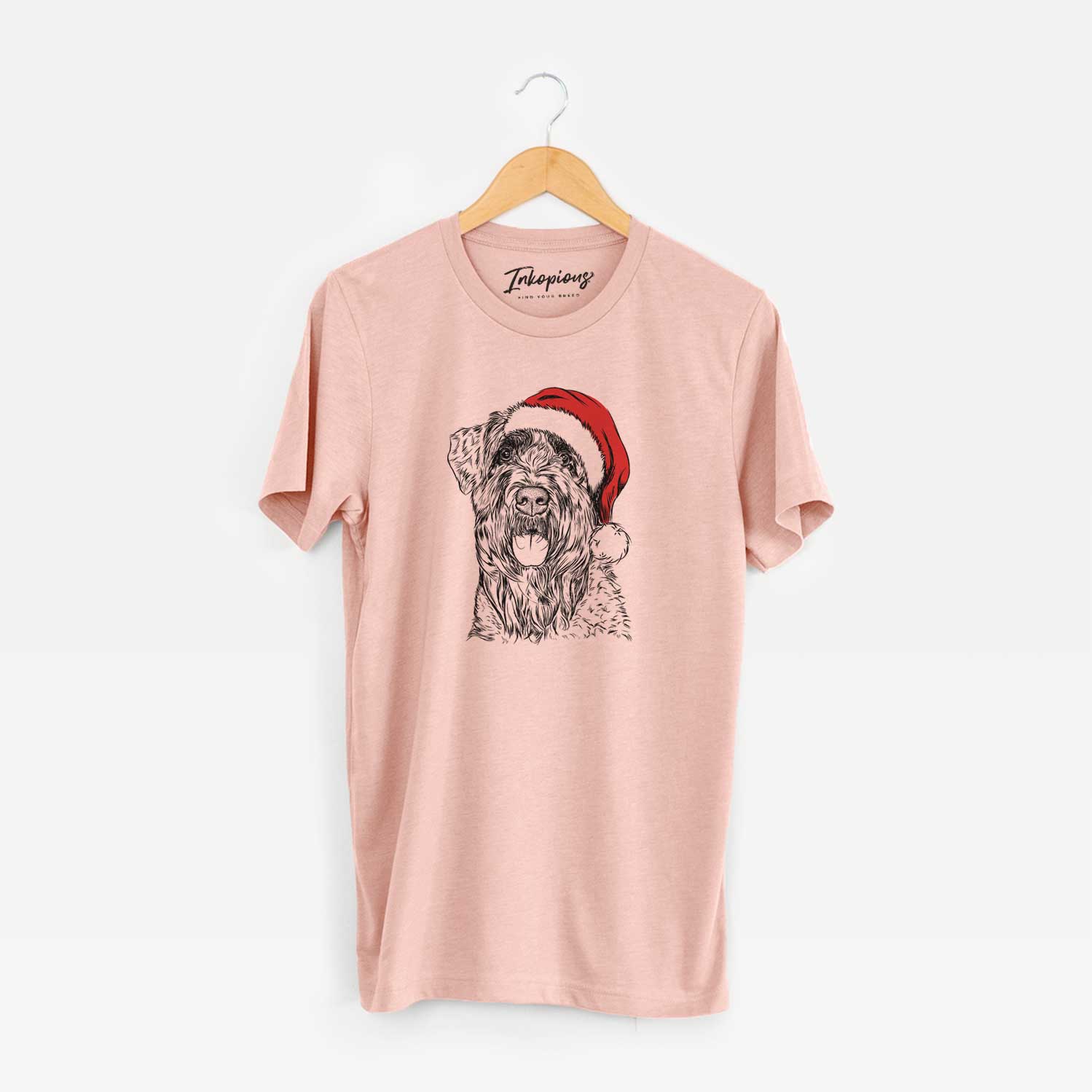 Hand-drawn sketch of Bonnie the Bouvier Des Flandres wearing a Santa hat on a Peach Unisex crewneck