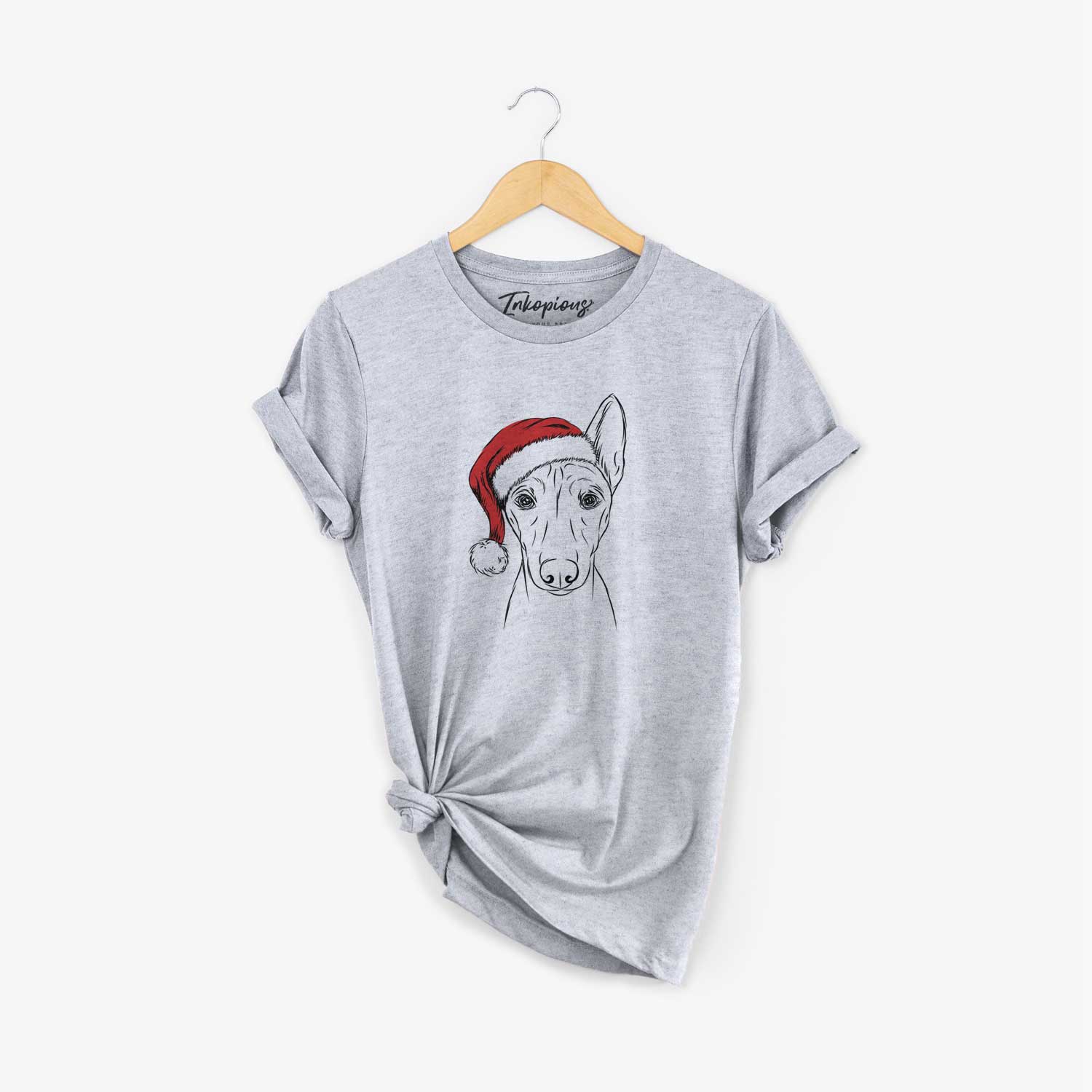 Hand-drawn sketch of Bonsai the Basenji wearing a Santa hat on a Grey Unisex crewneck