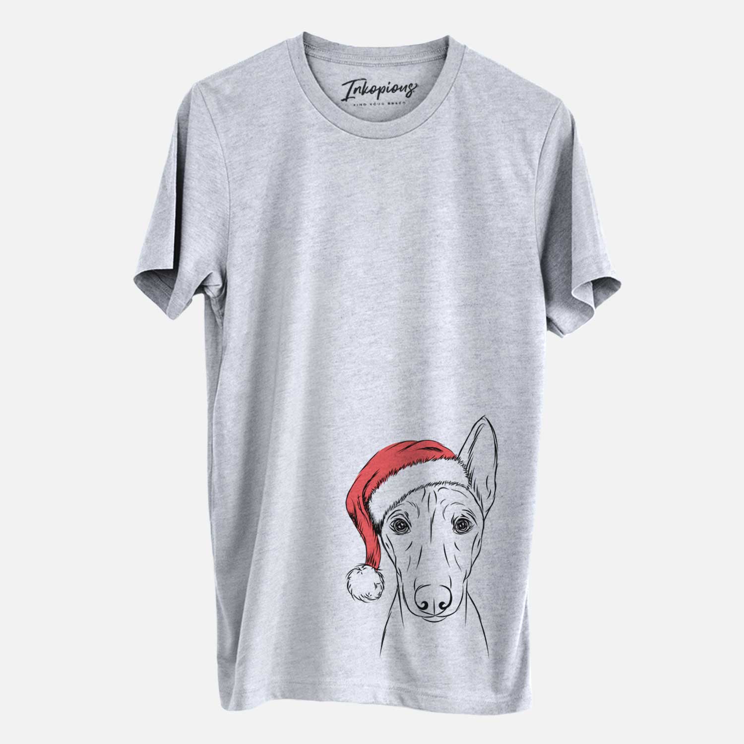 Hand-drawn sketch of Bonsai the Basenji wearing a Santa hat on a Grey Unisex crewneck