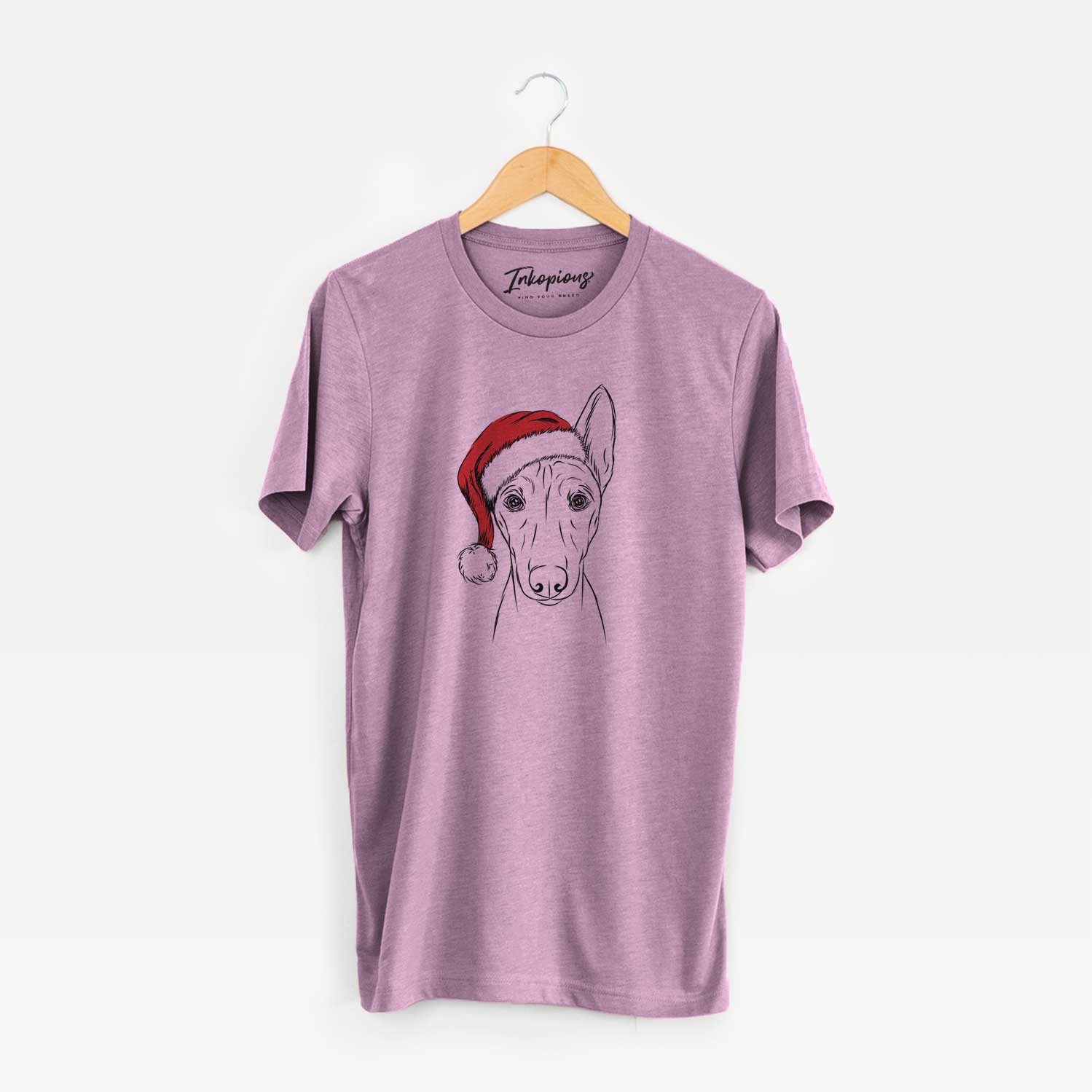 Hand-drawn sketch of Bonsai the Basenji wearing a Santa hat on an Orchid Unisex crewneck