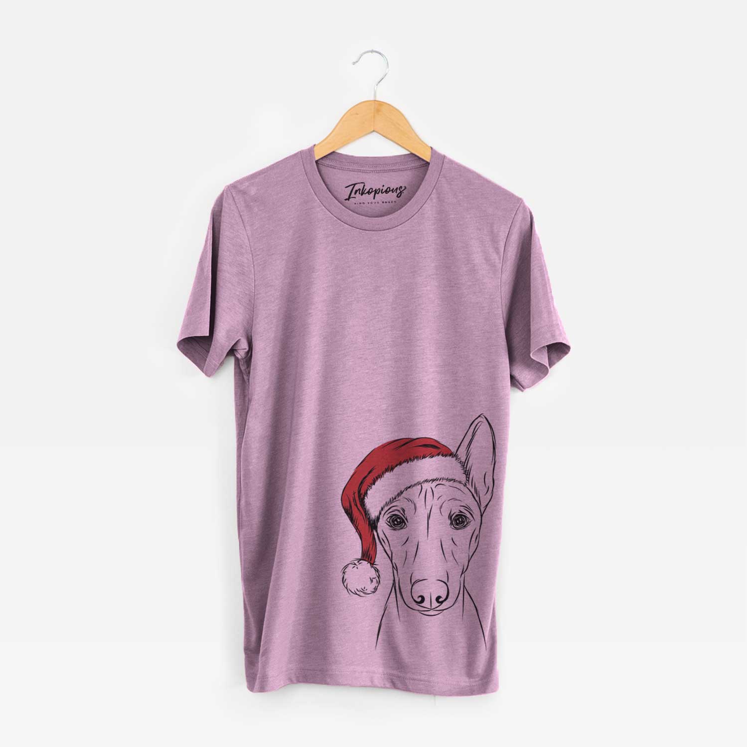 Hand-drawn sketch of Bonsai the Basenji wearing a Santa hat on an Orchid Unisex crewneck