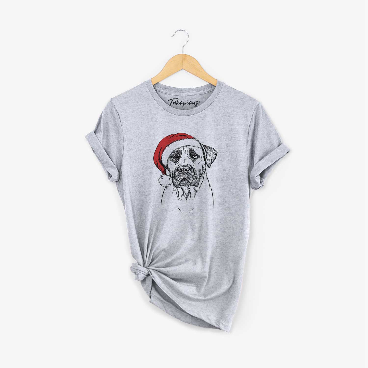 Hand-drawn sketch of Boris the Boerboel wearing a Santa hat on a Grey Unisex crewneck