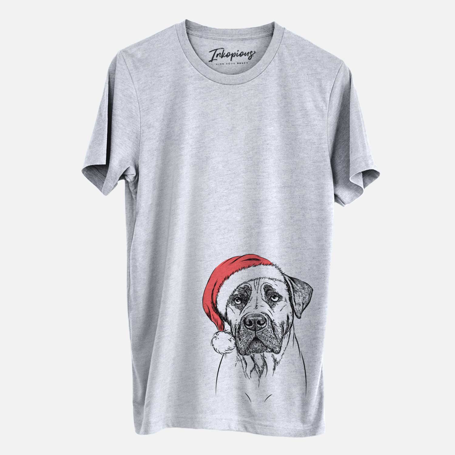 Hand-drawn sketch of Boris the Boerboel wearing a Santa hat on a Grey Unisex crewneck