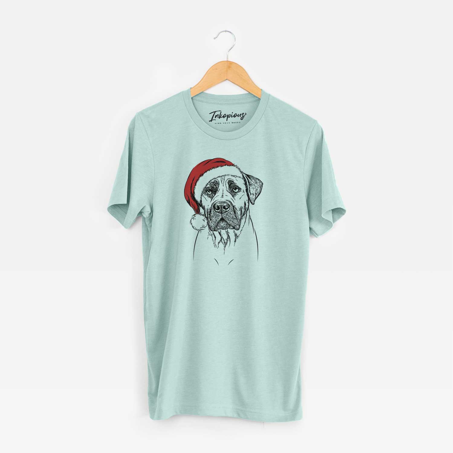 Hand-drawn sketch of Boris the Boerboel wearing a Santa hat on a Heather Sage Unisex crewneck