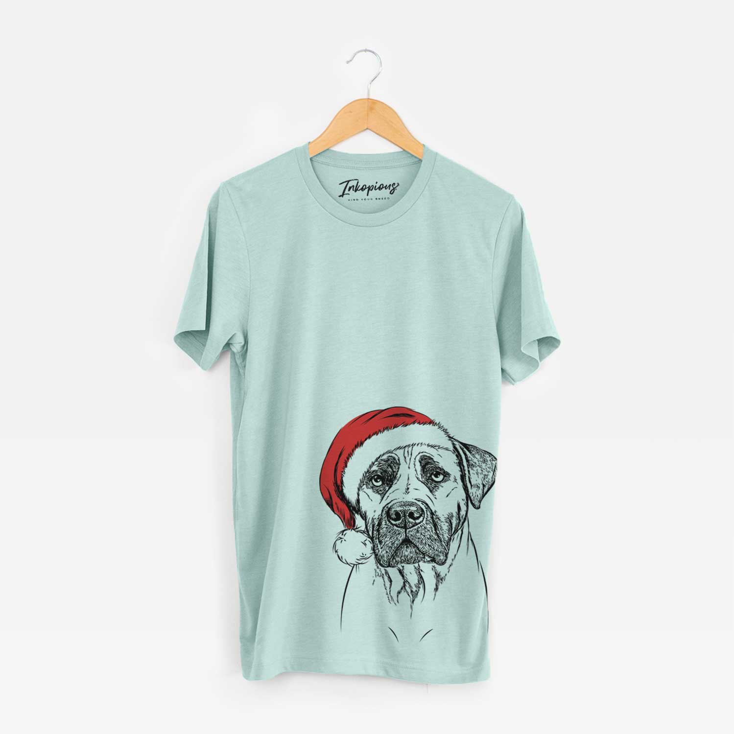 Hand-drawn sketch of Boris the Boerboel wearing a Santa hat on a Heather Sage Unisex crewneck