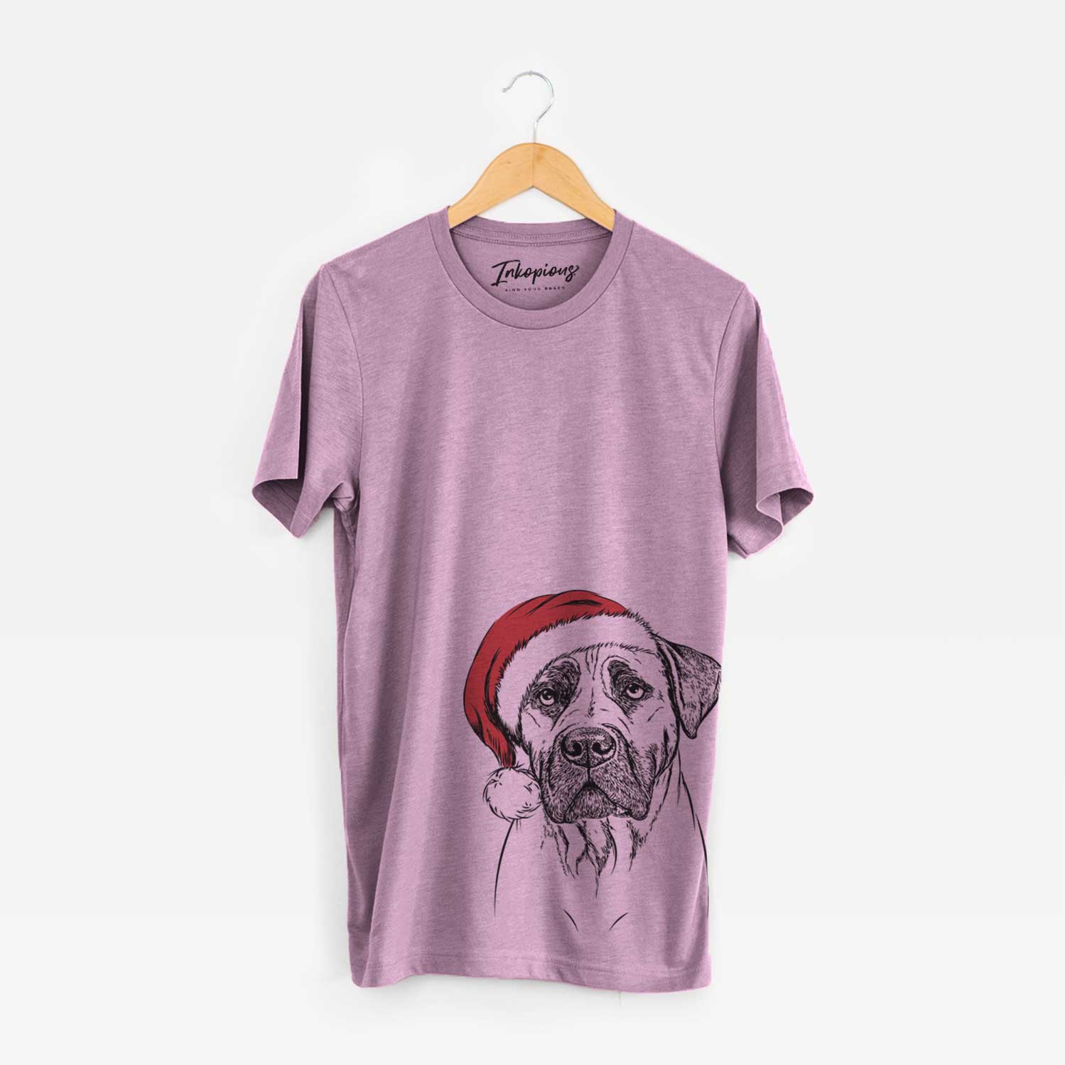 Hand-drawn sketch of Boris the Boerboel wearing a Santa hat on an Orchid Unisex crewneck
