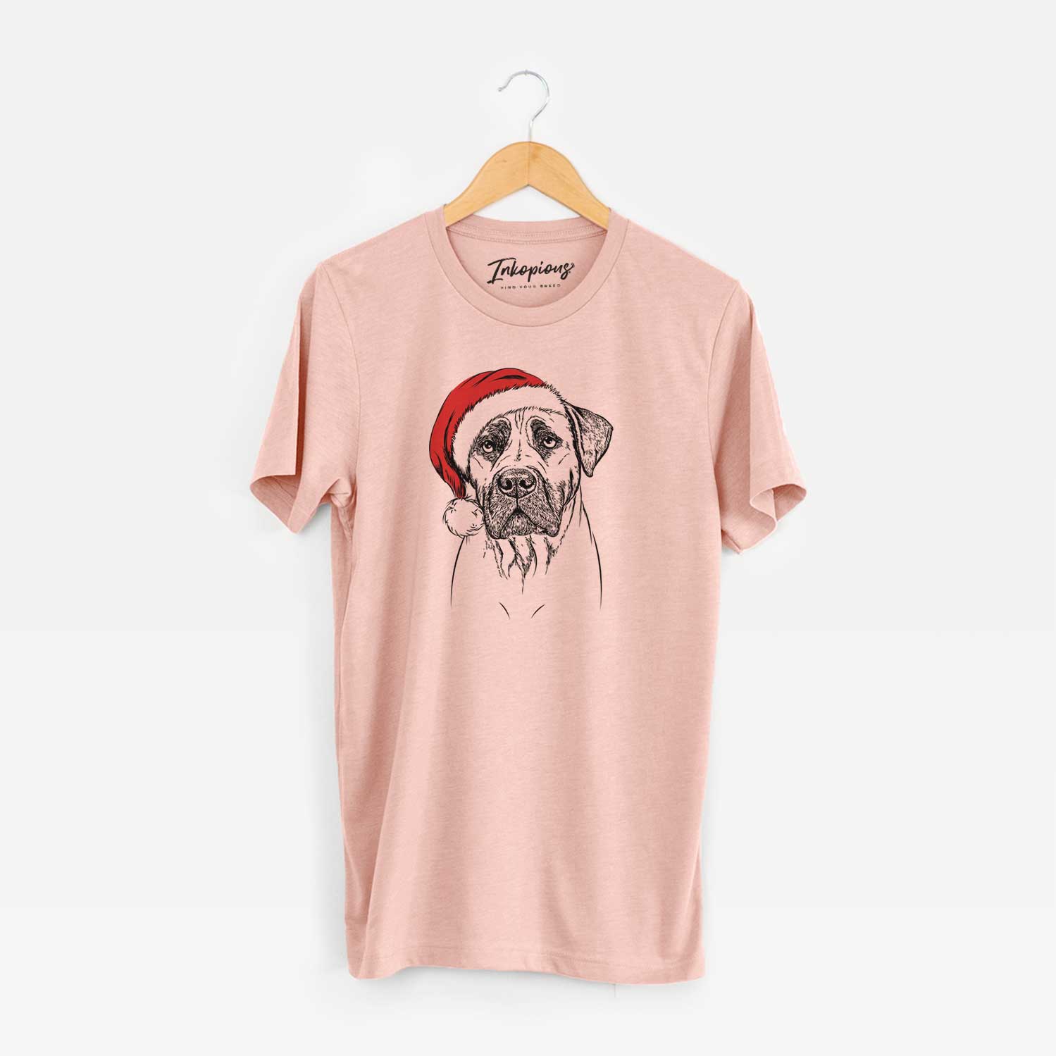 Hand-drawn sketch of Boris the Boerboel wearing a Santa hat on a Peach Unisex crewneck