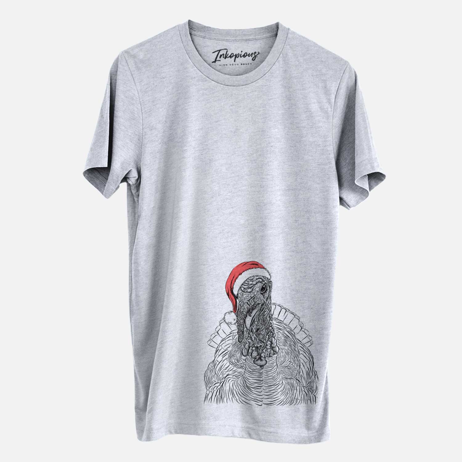 Hand-drawn sketch of Brady the Turkey wearing a Santa hat on a Grey Unisex crewneck