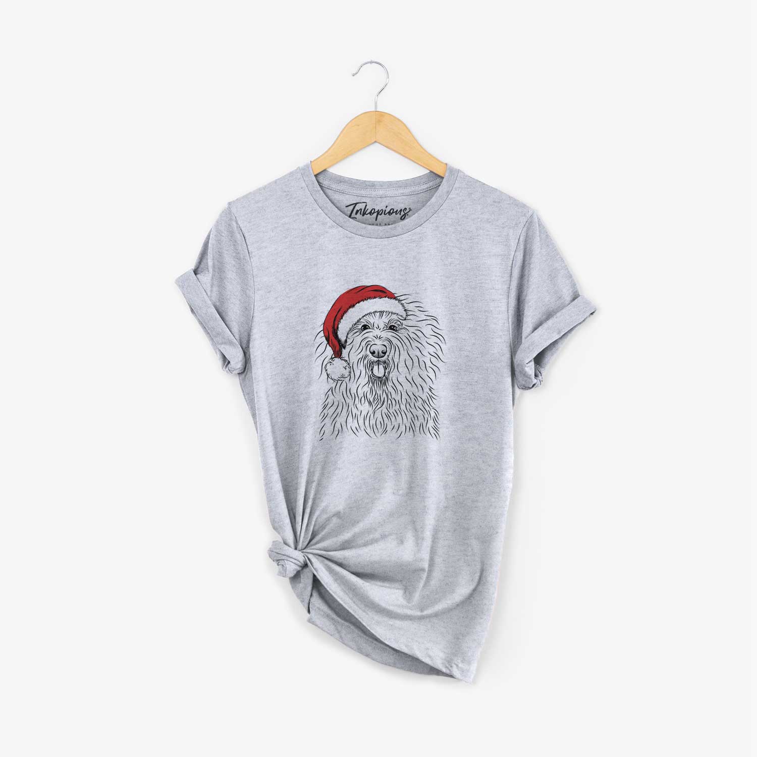 Hand-drawn sketch of Brody the Old English Sheepdog wearing a Santa hat on a Grey Unisex crewneck