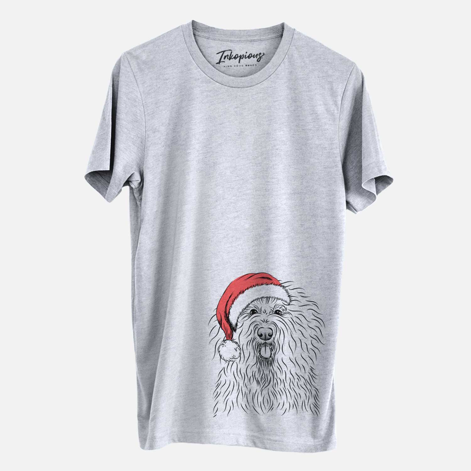 Hand-drawn sketch of Brody the Old English Sheepdog wearing a Santa hat on a Grey Unisex crewneck