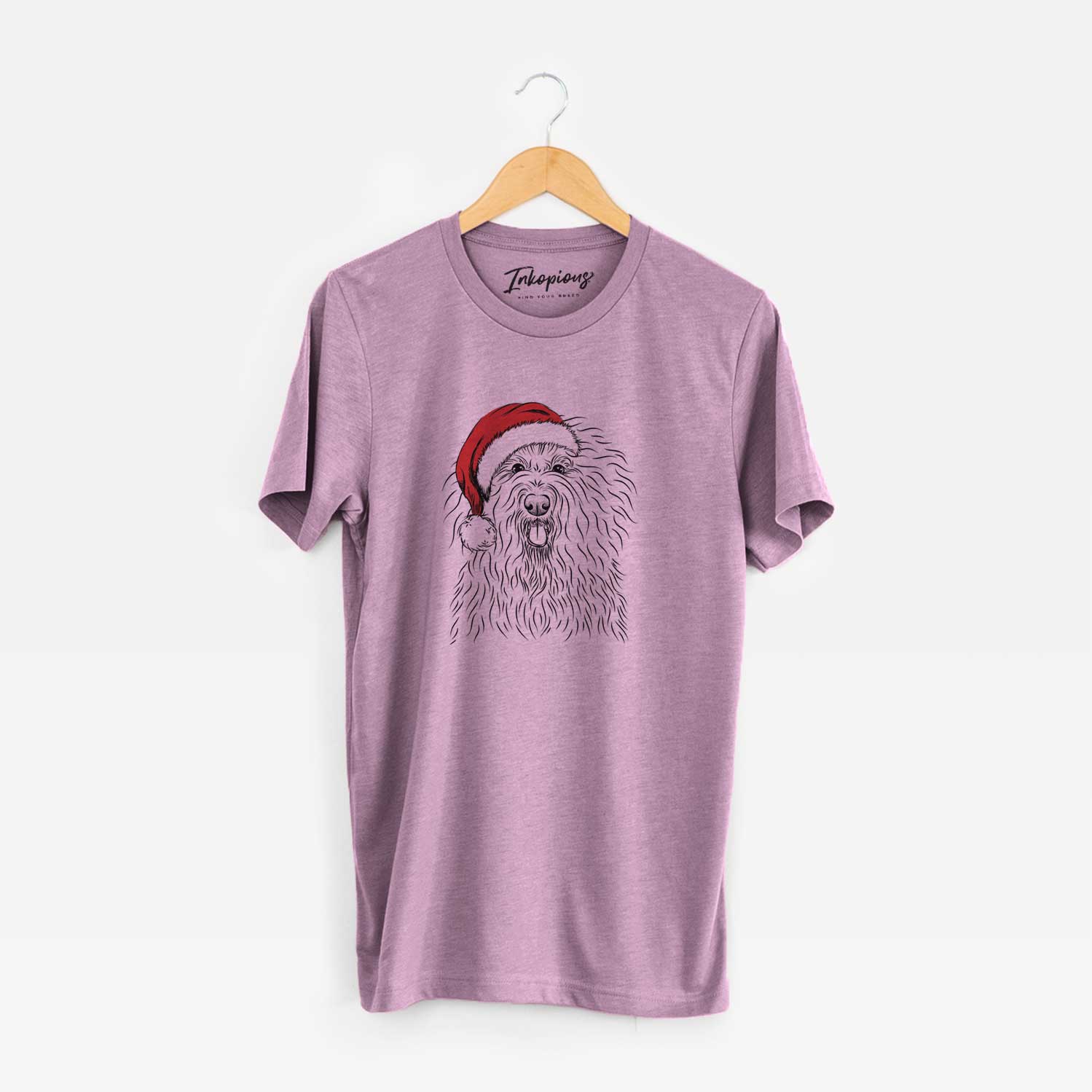 Hand-drawn sketch of Brody the Old English Sheepdog wearing a Santa hat on an Orchid Unisex crewneck