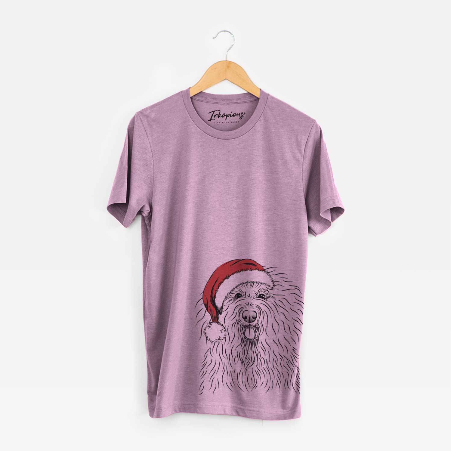 Hand-drawn sketch of Brody the Old English Sheepdog wearing a Santa hat on an Orchid Unisex crewneck