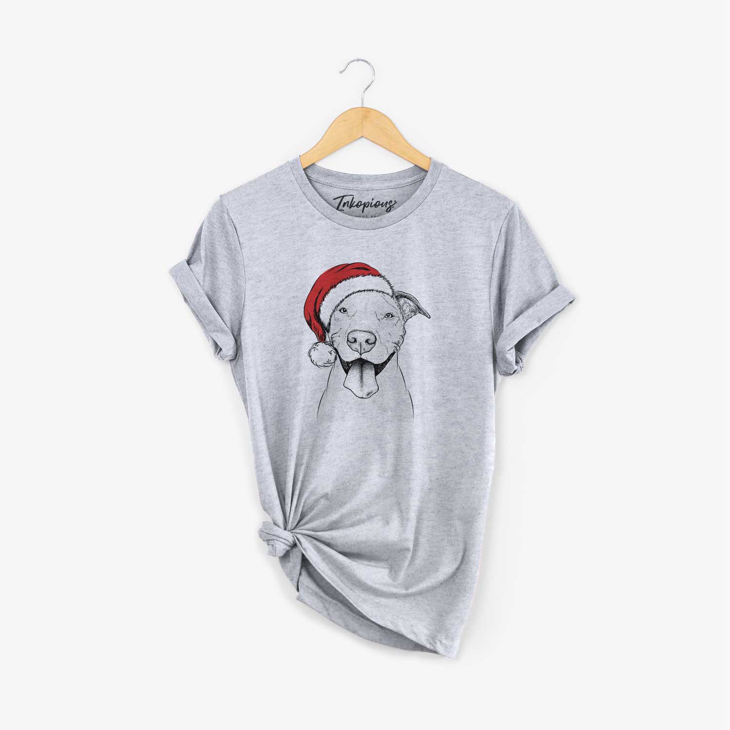 Hand-drawn sketch of Bruce the American Staffordshire Terrier wearing a Santa hat on a Grey Unisex crewneck