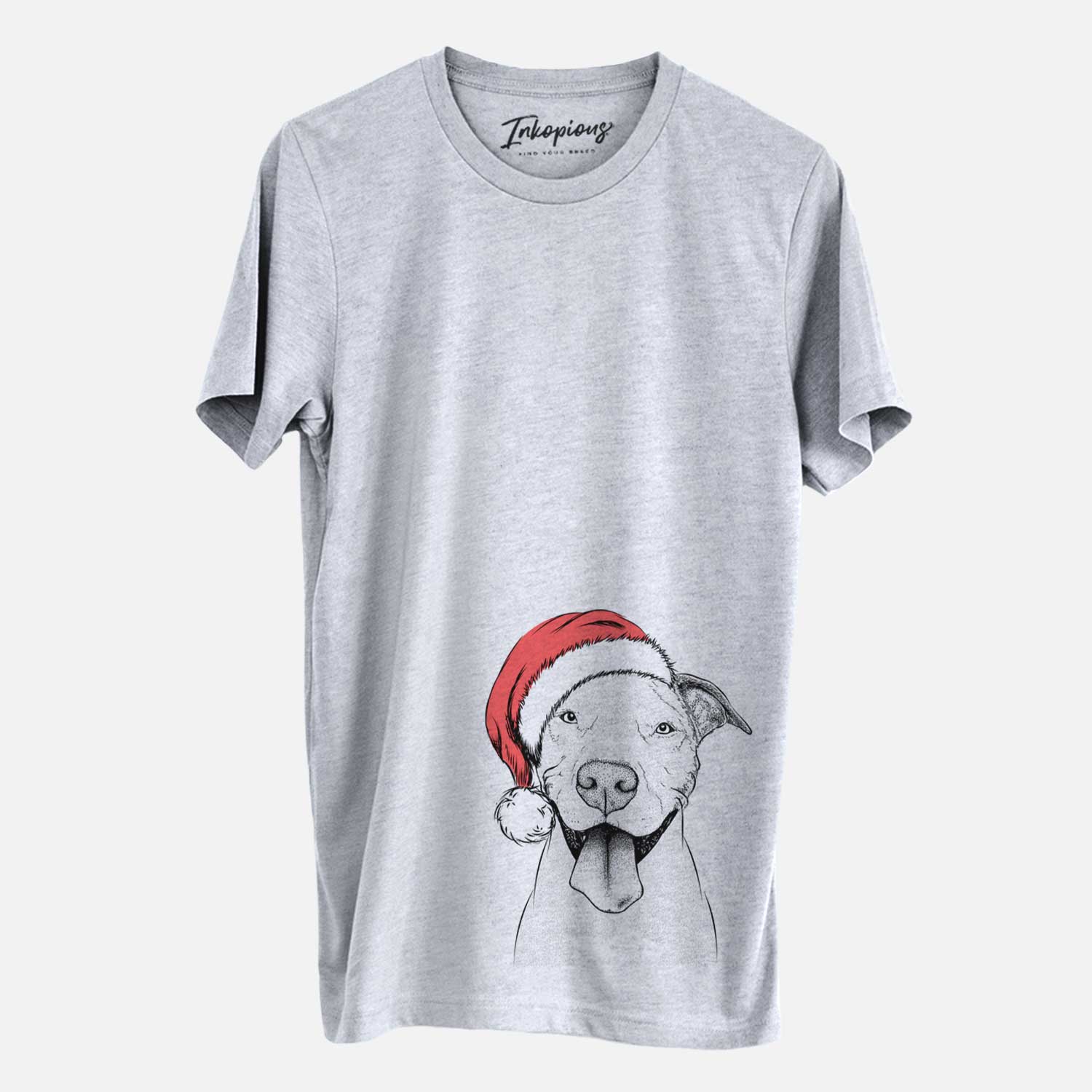 Hand-drawn sketch of Bruce the American Staffordshire Terrier wearing a Santa hat on a Grey Unisex crewneck