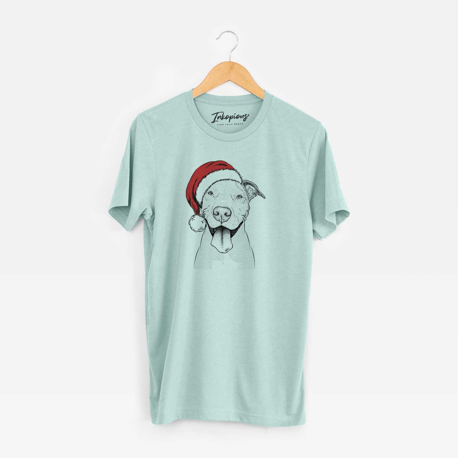 Hand-drawn sketch of Bruce the American Staffordshire Terrier wearing a Santa hat on a Heather Sage Unisex crewneck