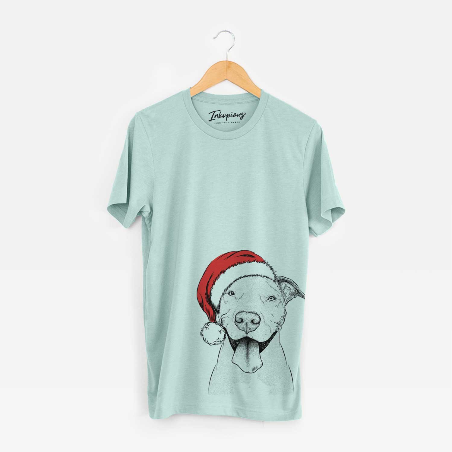 Hand-drawn sketch of Bruce the American Staffordshire Terrier wearing a Santa hat on a Heather Sage Unisex crewneck
