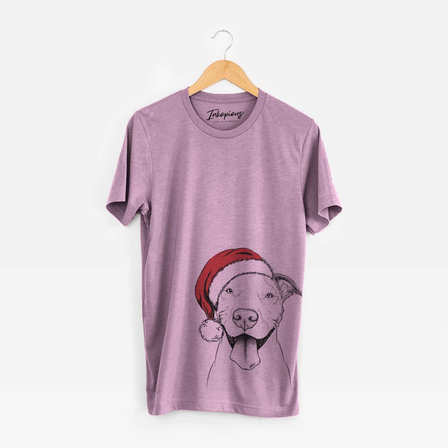 Hand-drawn sketch of Bruce the American Staffordshire Terrier wearing a Santa hat on an Orchid Unisex crewneck