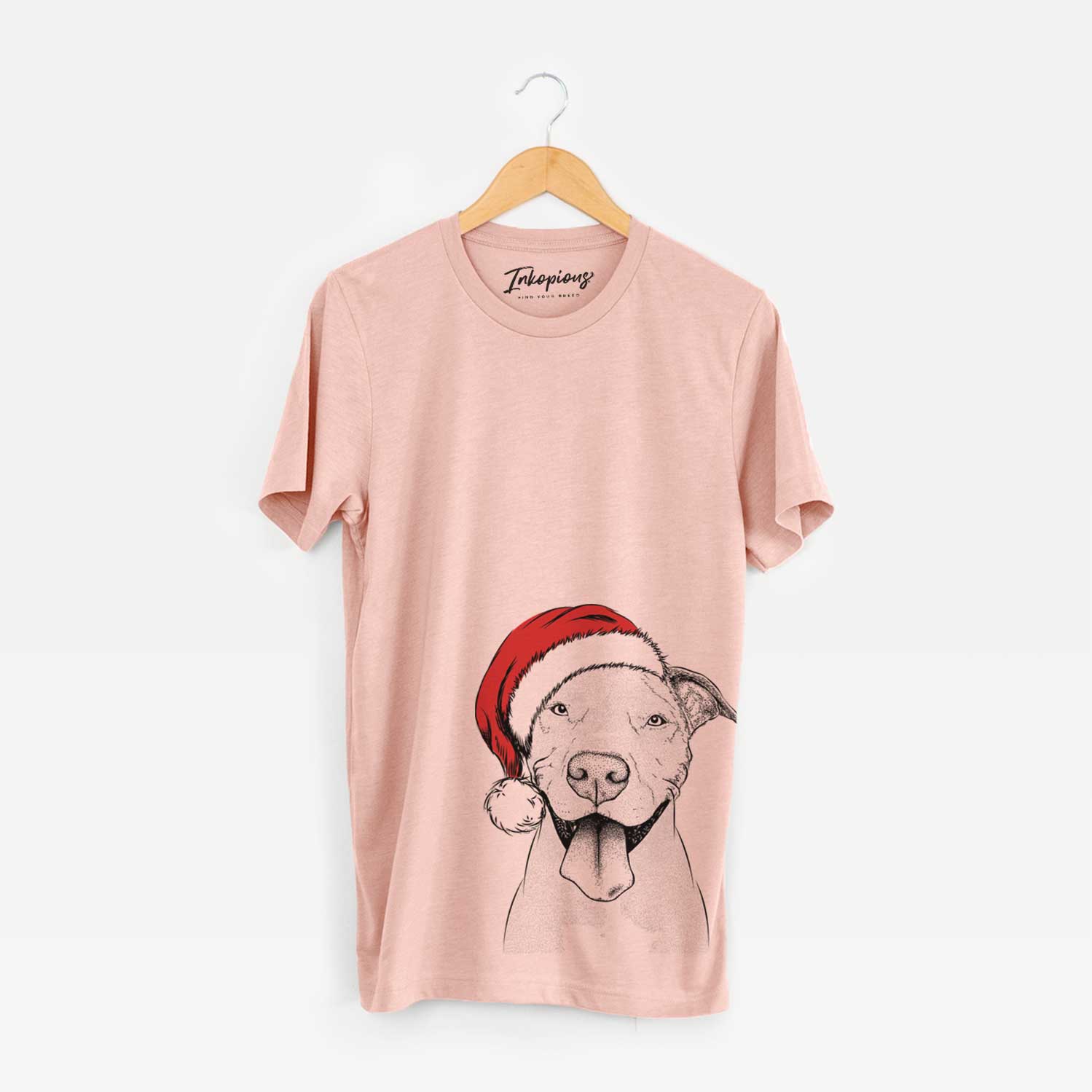 Hand-drawn sketch of Bruce the American Staffordshire Terrier wearing a Santa hat on a Peach Unisex crewneck
