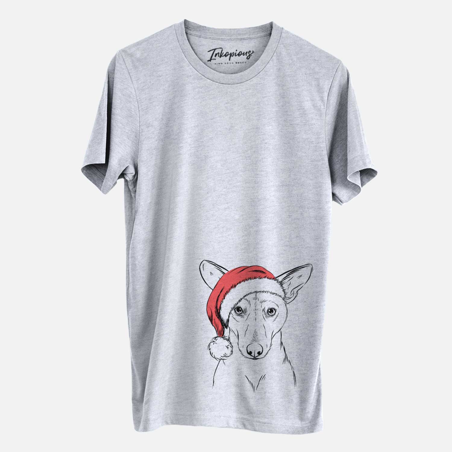 Hand-drawn sketch of Buff the Dorgi wearing a Santa hat on a Grey Unisex crewneck
